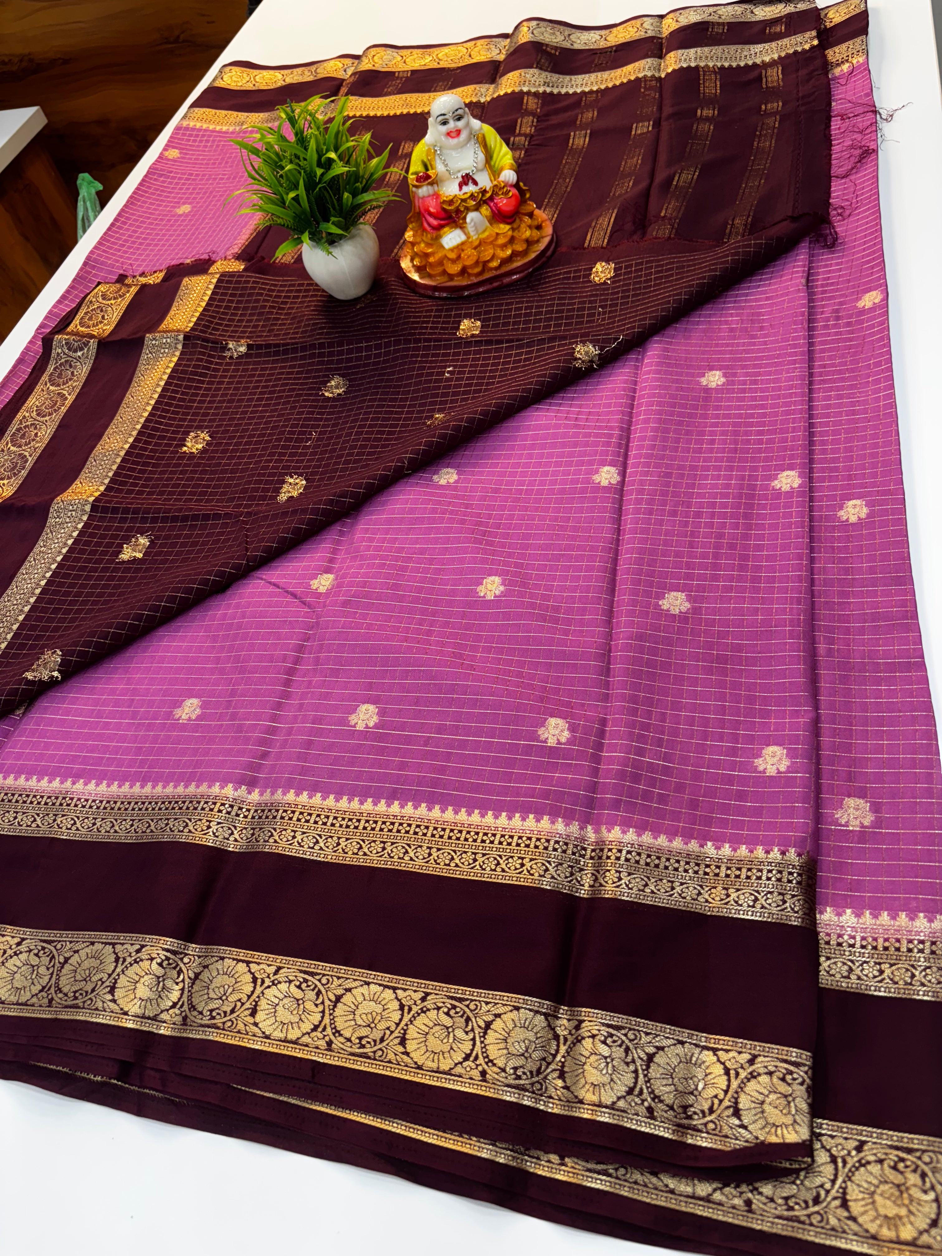 Premium Mysore Crepe Silk Saree with Chex Pattern & Buttas