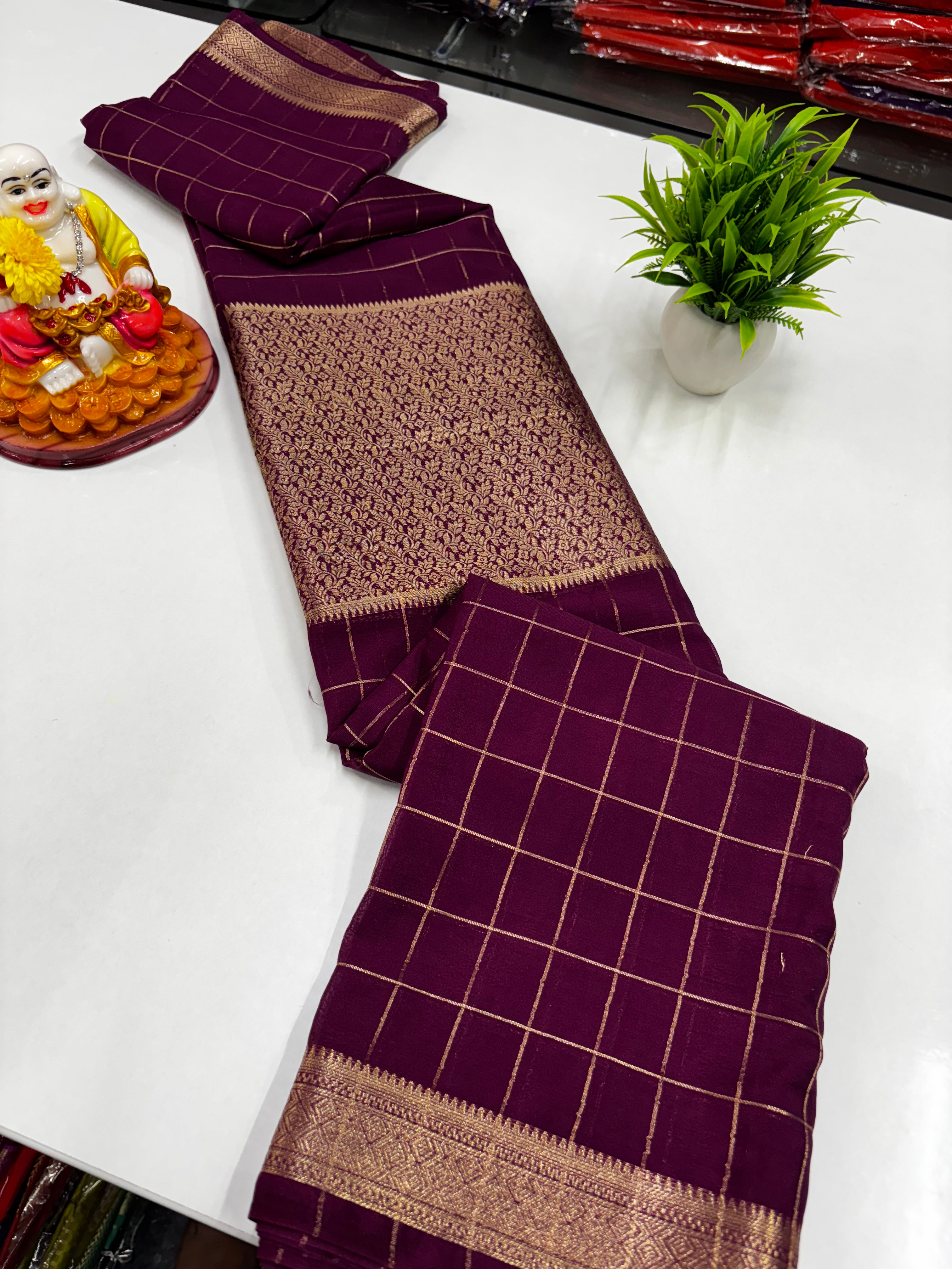 Chiffon Chex Saree with Center Golden Zari Brocade – Padmavathi Silks & Sarees