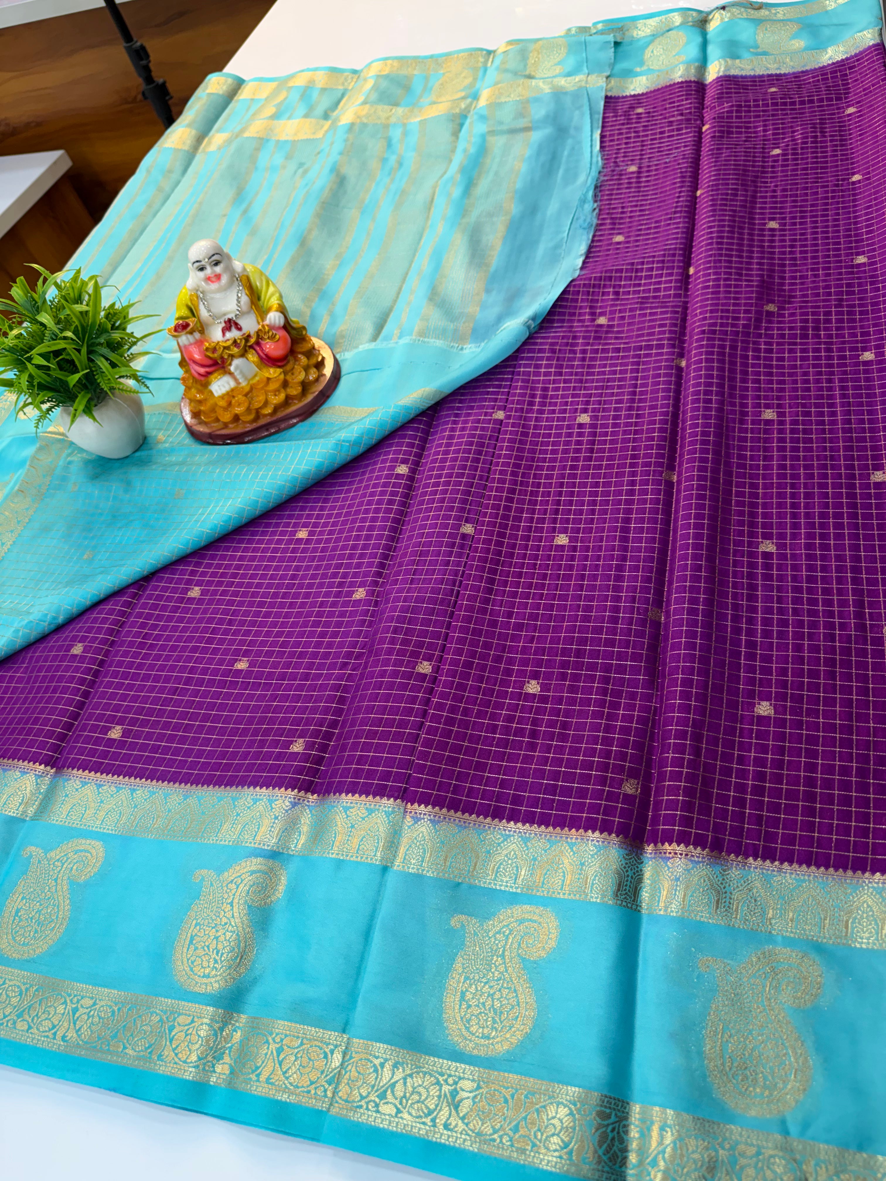 Premium Mysore Crepe Silk Saree with Checks, Buttas & Mango Bentex Border
