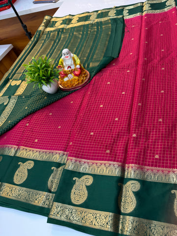 Premium Mysore Crepe Silk Saree with Checks, Buttas & Mango Bentex Border