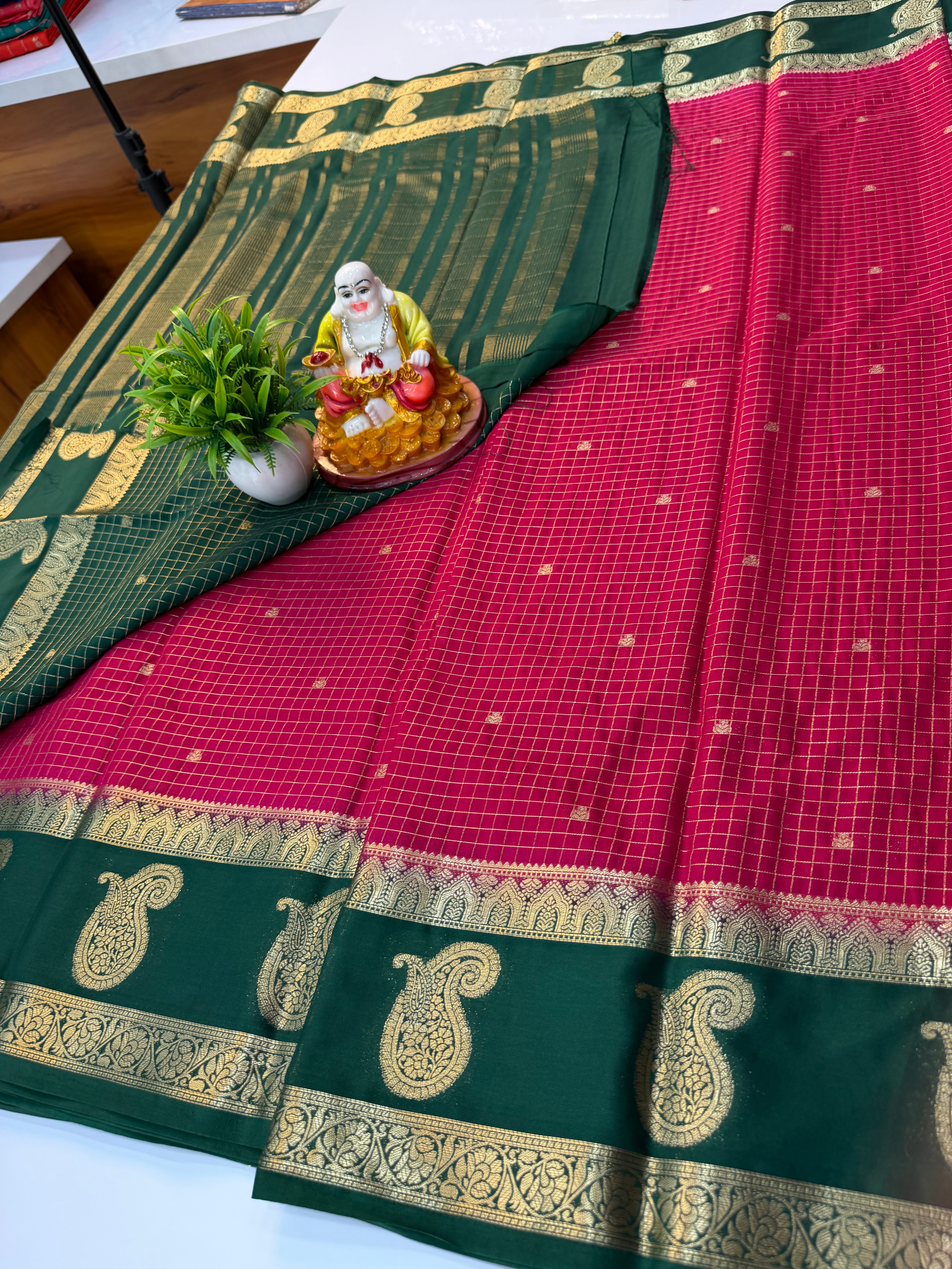 Premium Mysore Crepe Silk Saree with Checks, Buttas & Mango Bentex Border