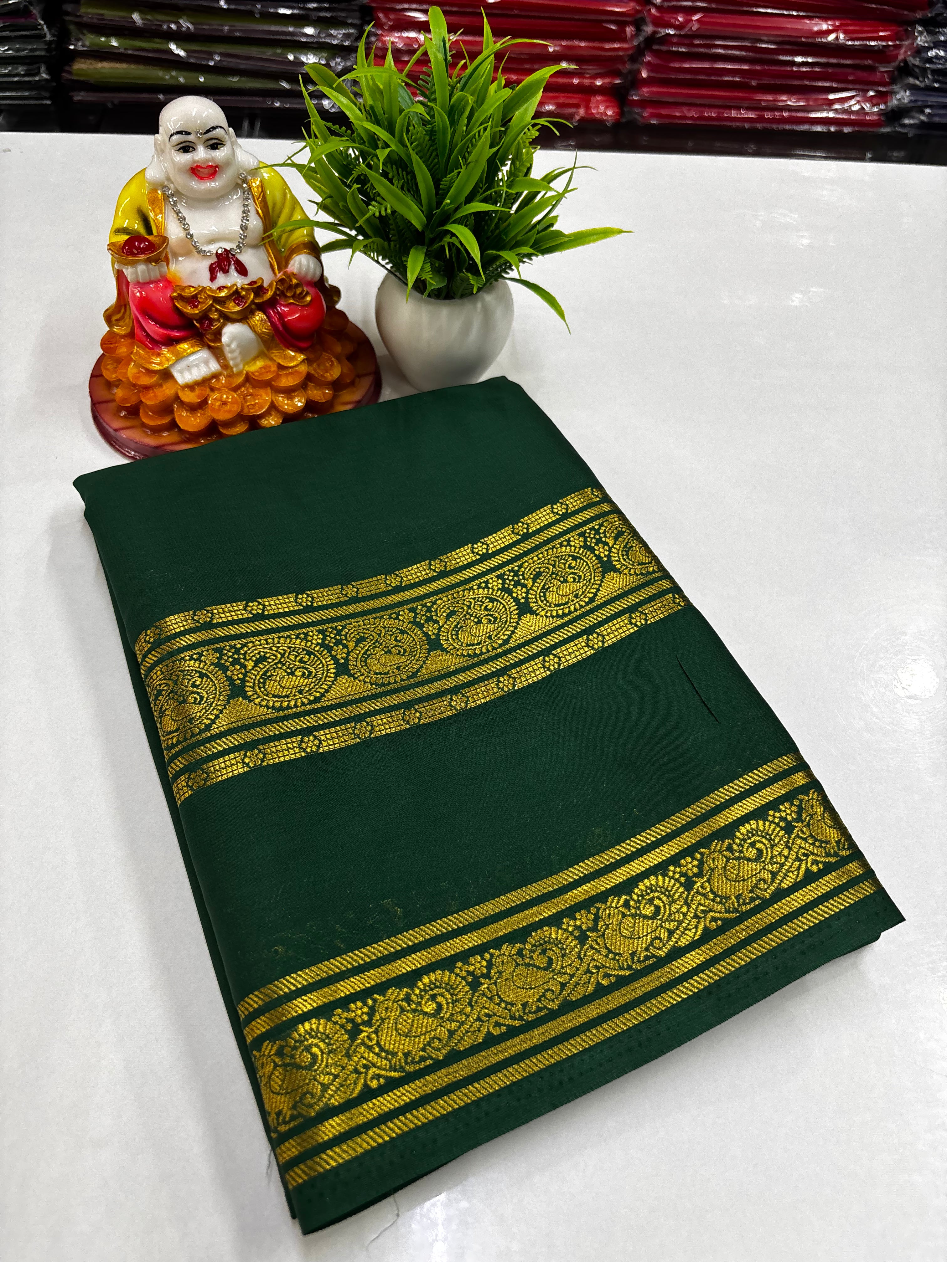Mysore Crepe Silk Saree with Mango & Peacock Bentex Border
