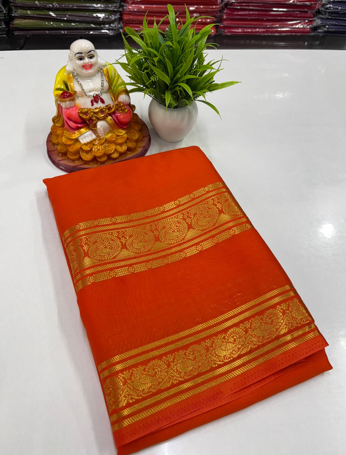 Mysore Crepe Silk Saree with Mango & Peacock Bentex Border