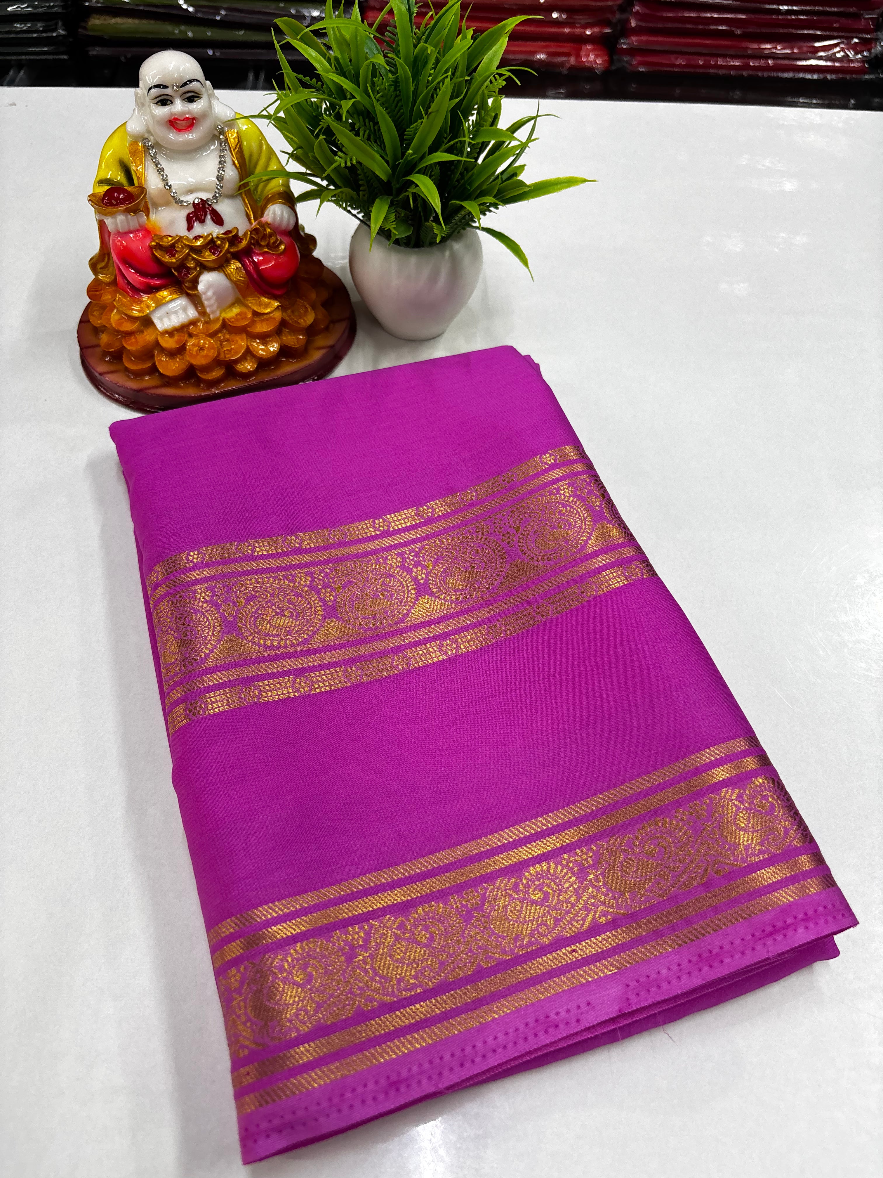 Mysore Crepe Silk Saree with Mango & Peacock Bentex Border