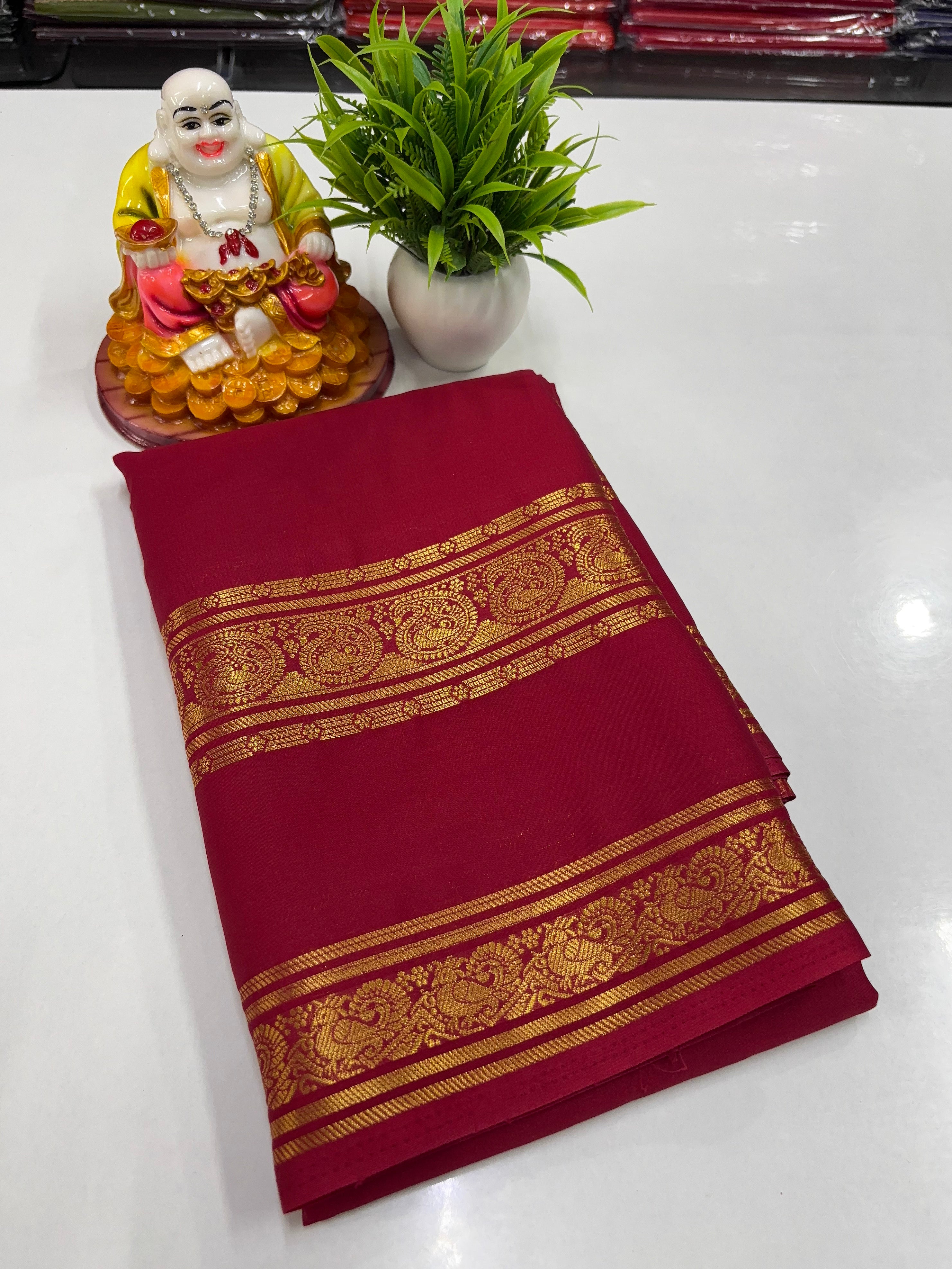 Mysore Crepe Silk Saree with Mango & Peacock Bentex Border