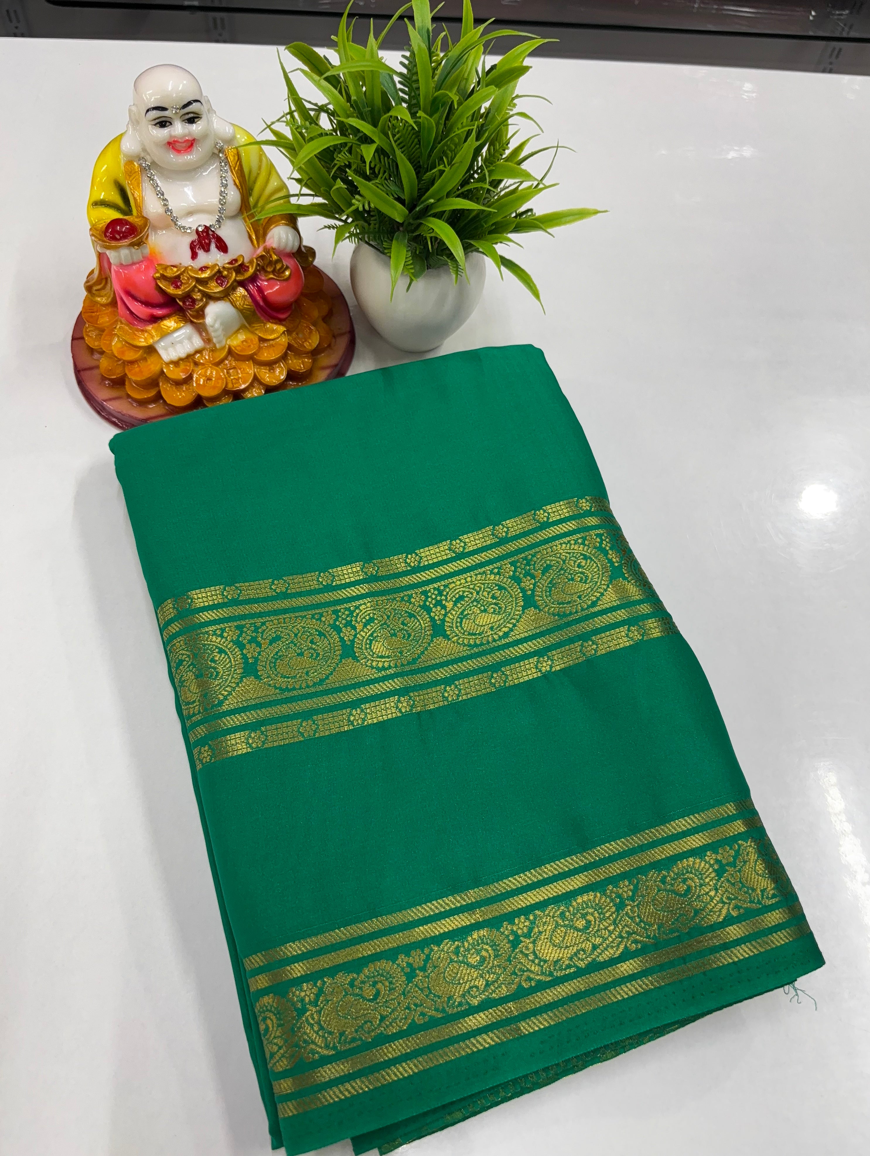 Mysore Crepe Silk Saree with Mango & Peacock Bentex Border