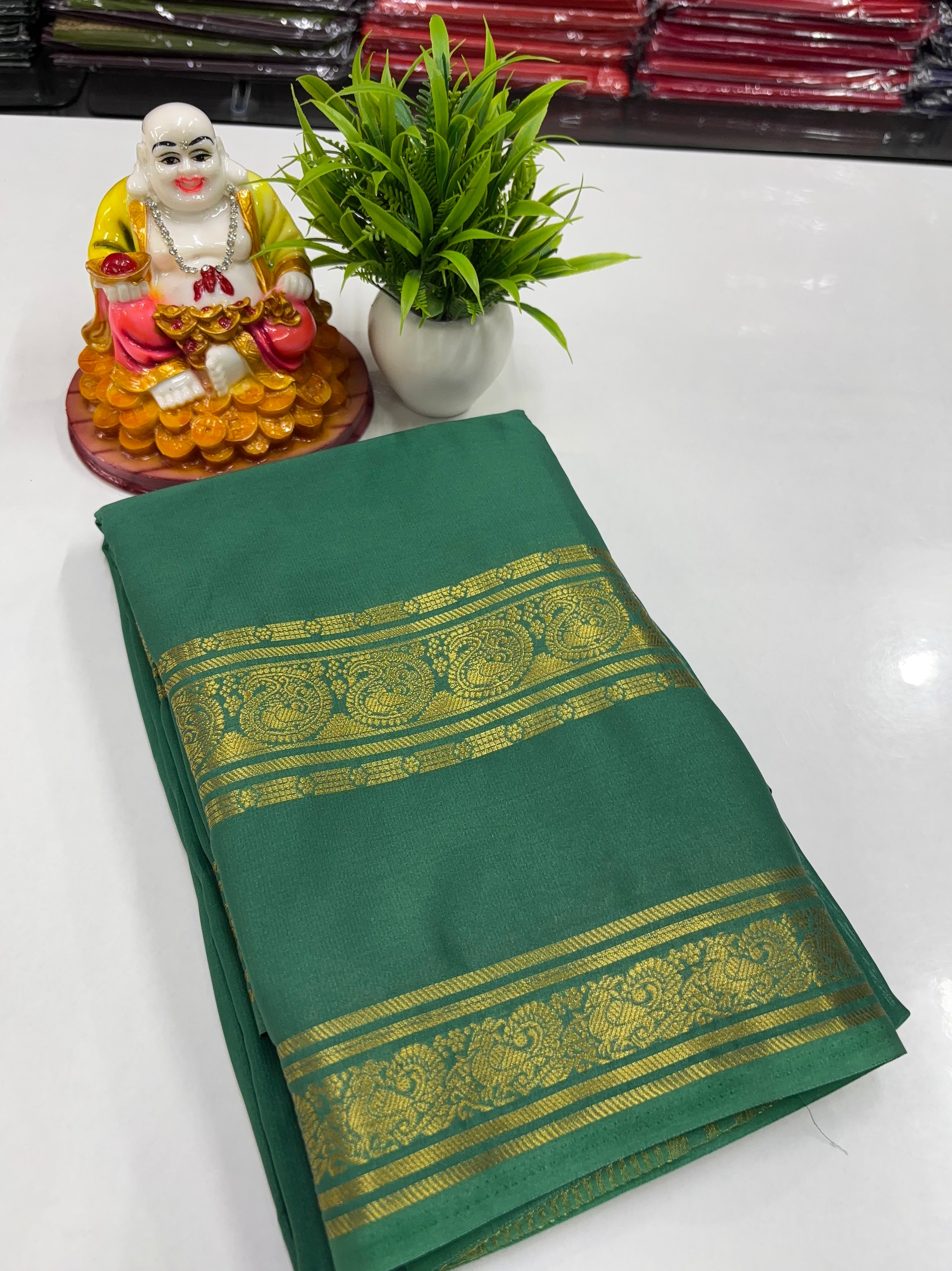 Mysore Crepe Silk Saree with Mango & Peacock Bentex Border