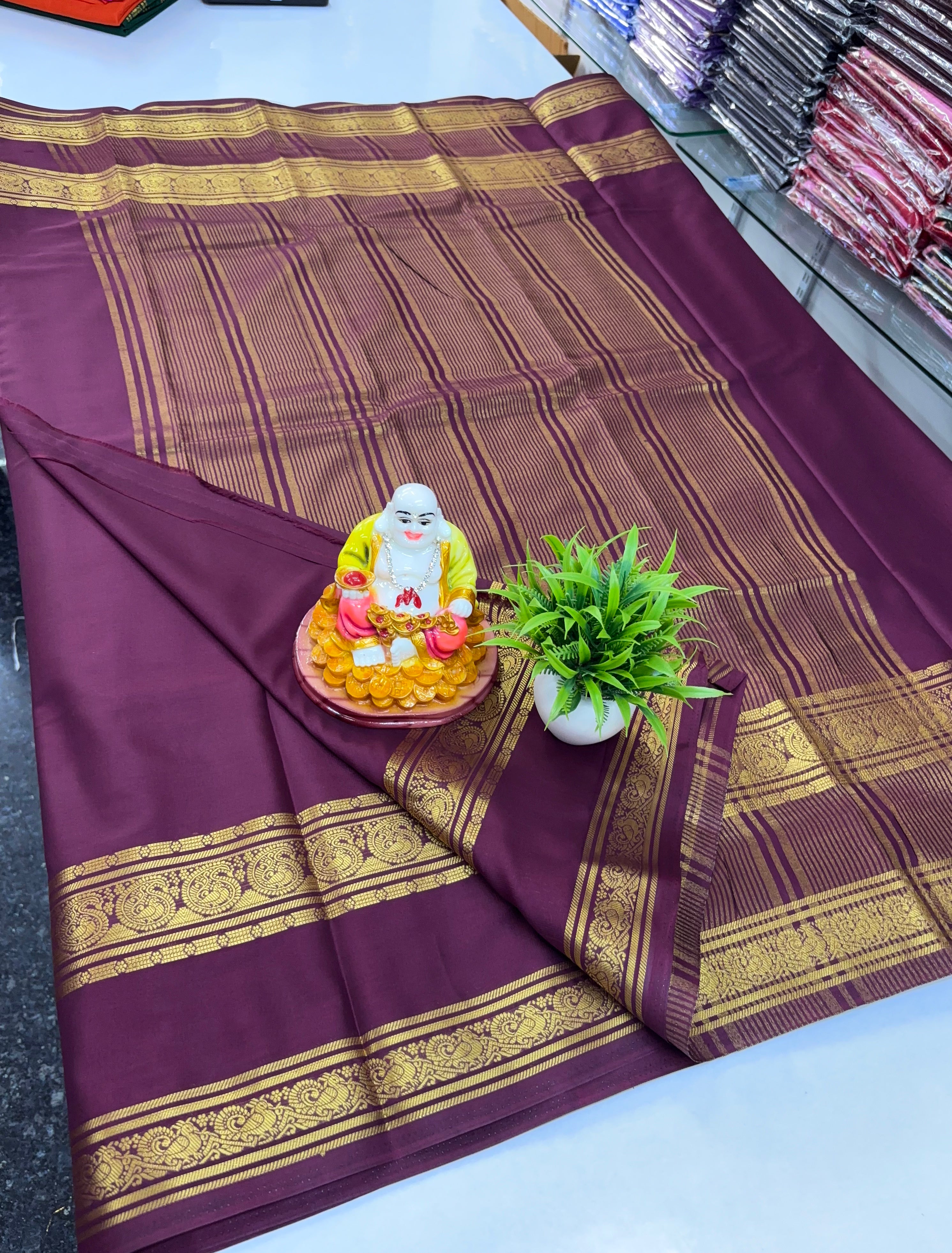 Mysore Crepe Silk Saree with Mango & Peacock Bentex Border