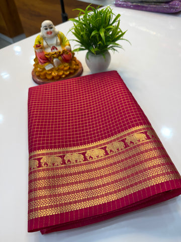 mysore crape silk saree with checks and elephant border