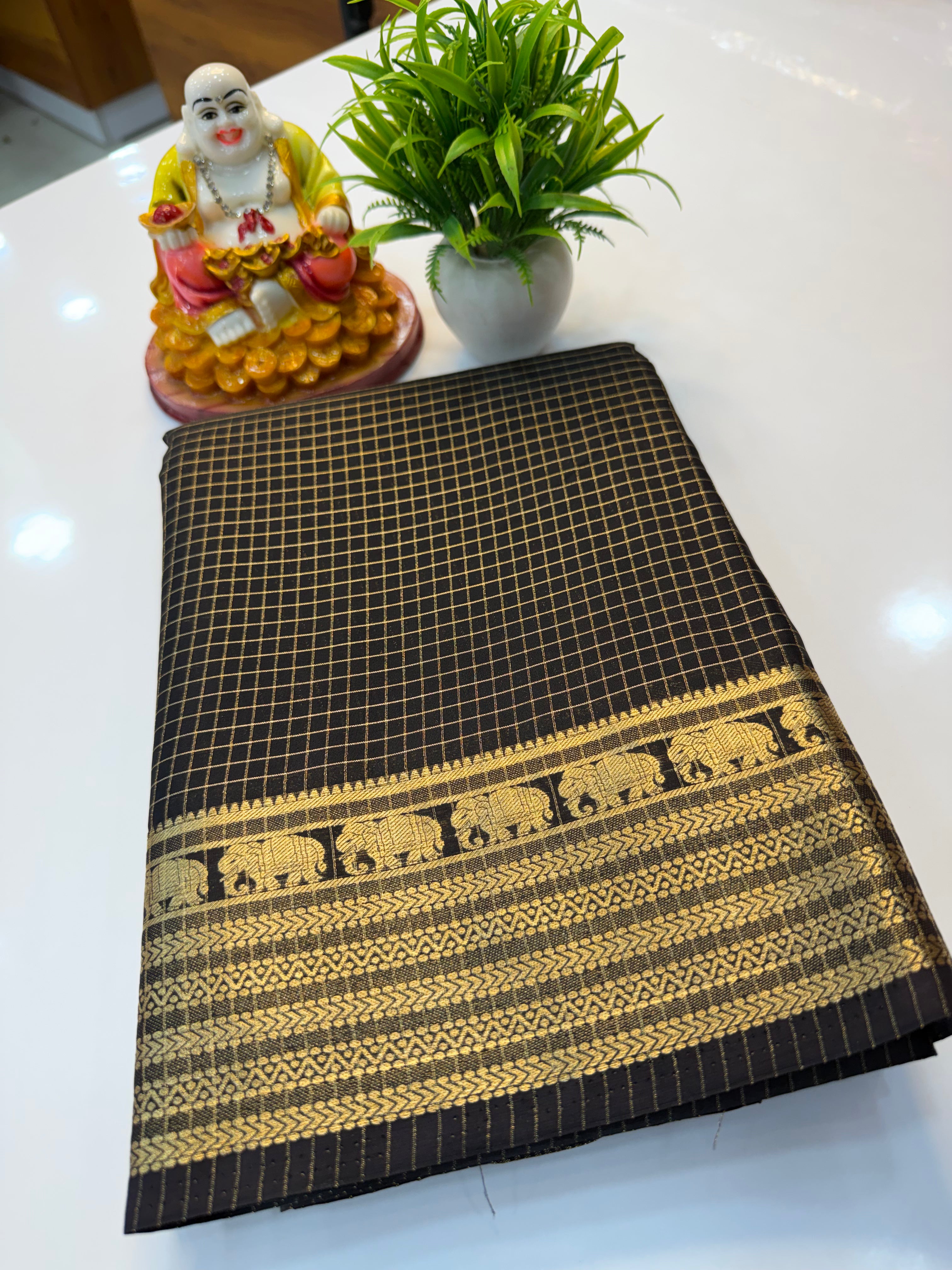 mysore crape silk saree with checks and elephant border