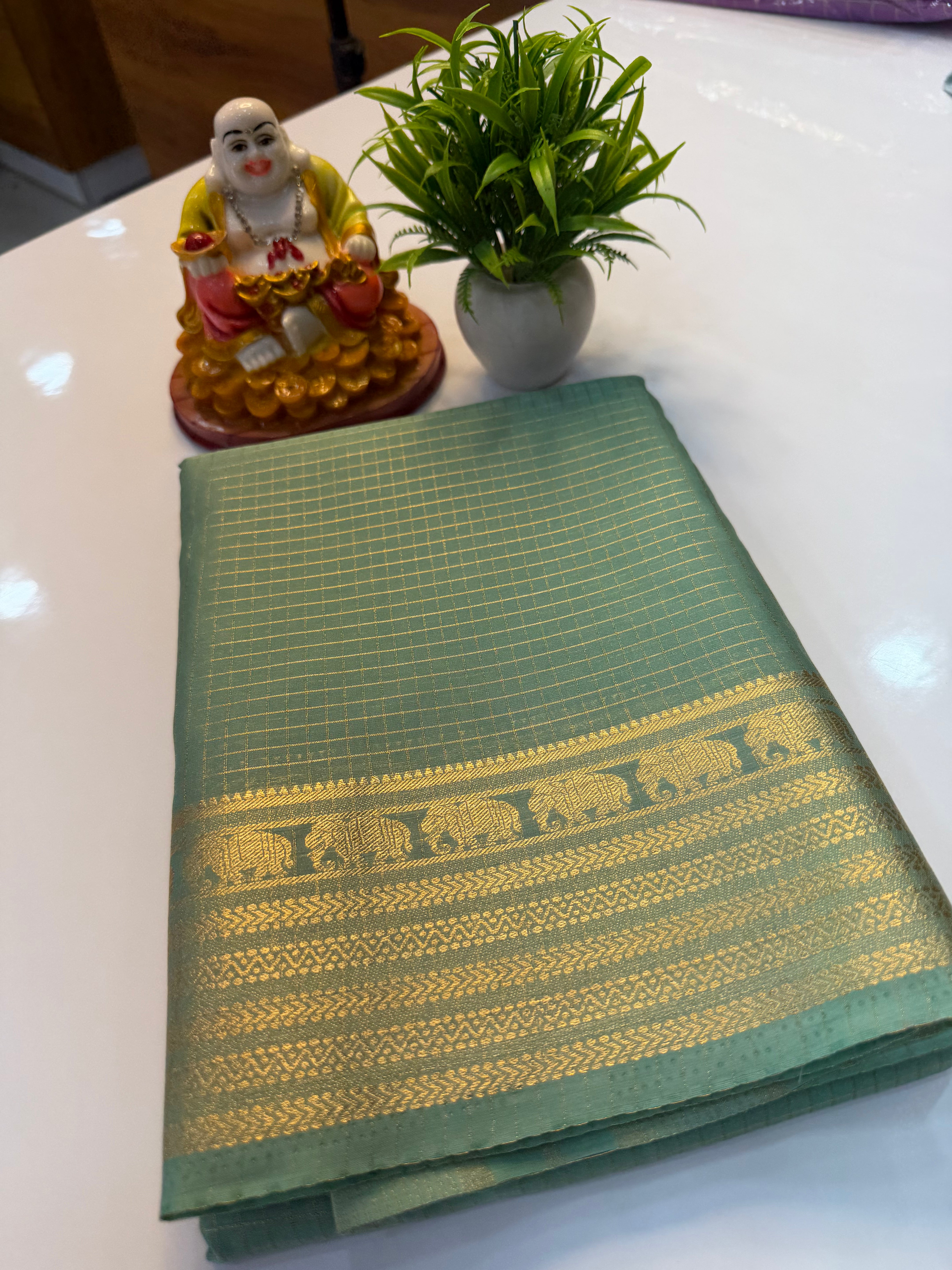 mysore crape silk saree with checks and elephant border