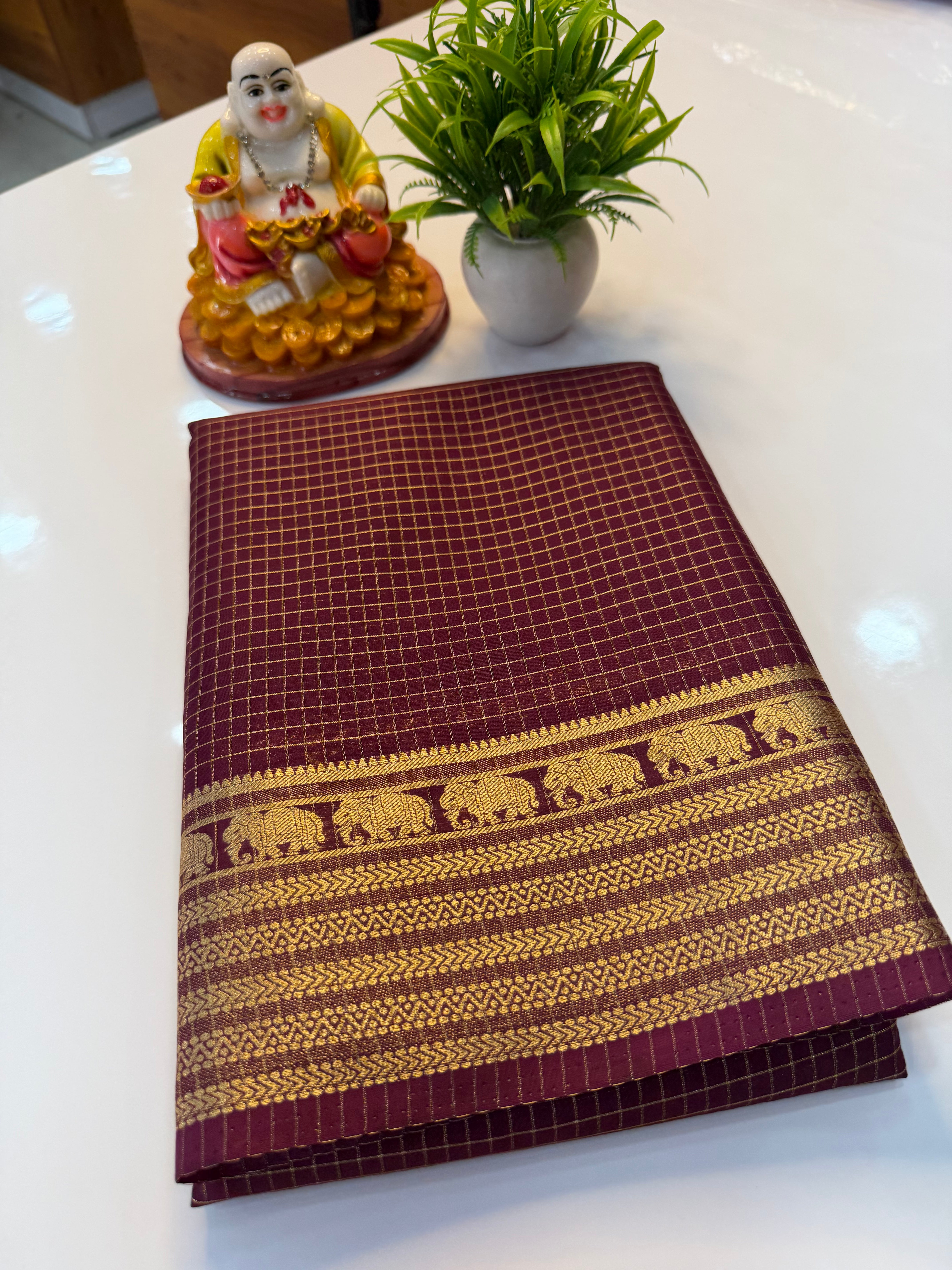 mysore crape silk saree with checks and elephant border
