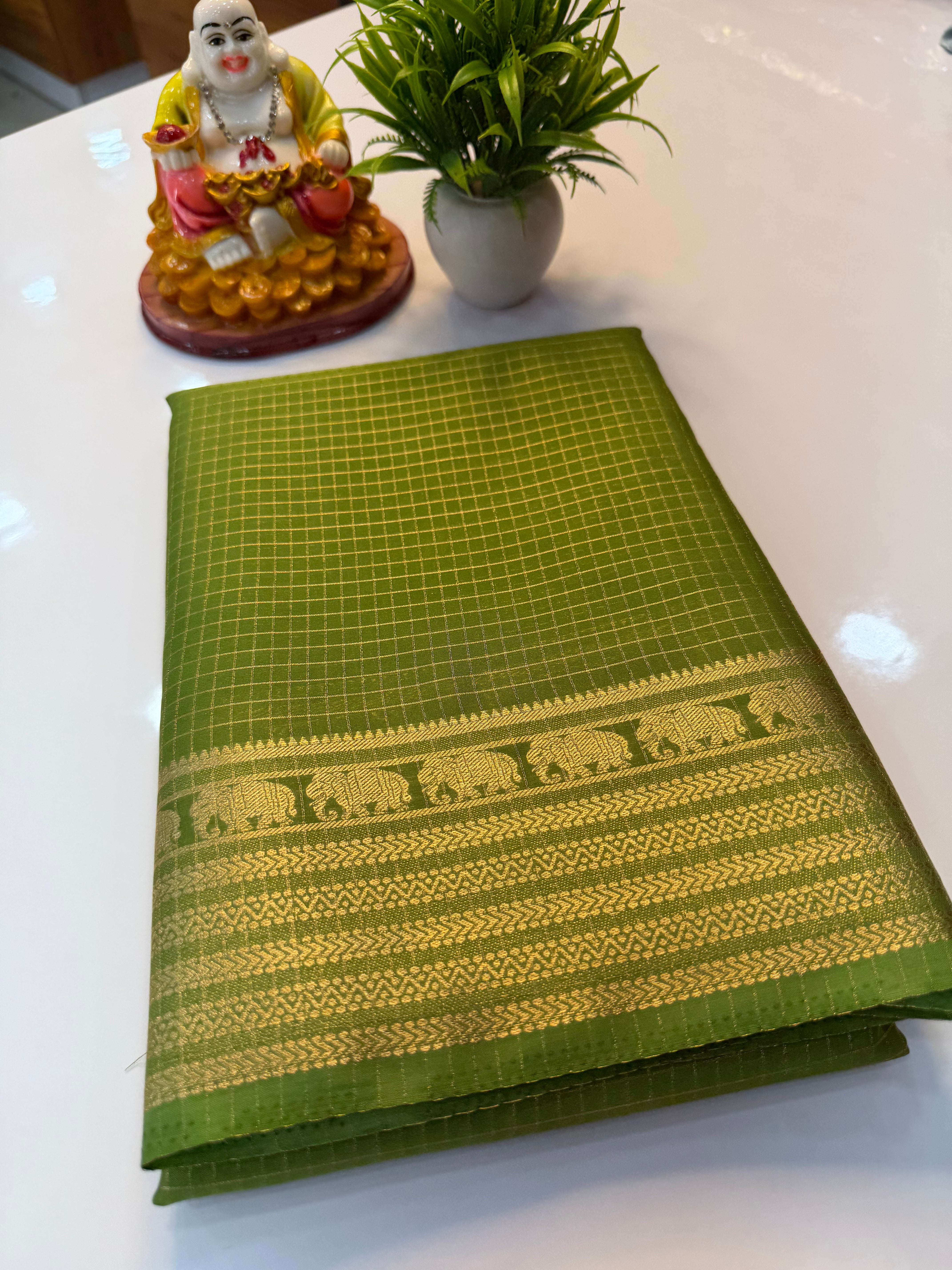 mysore crape silk saree with checks and elephant border
