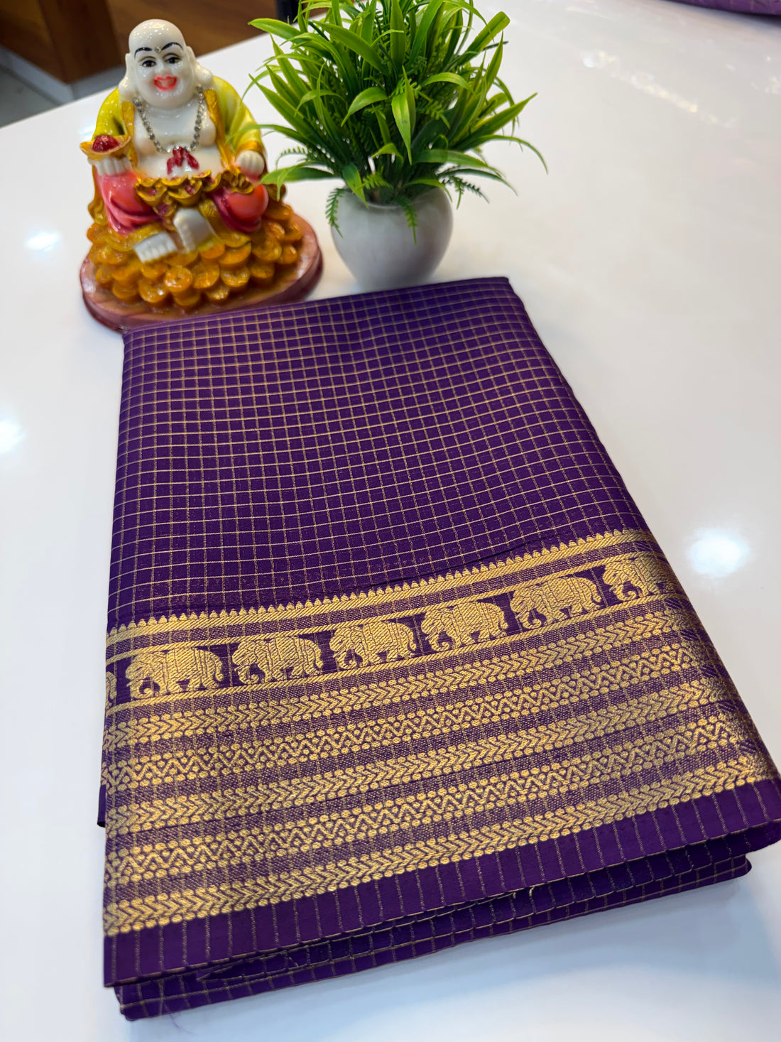 mysore crape silk saree with checks and elephant border