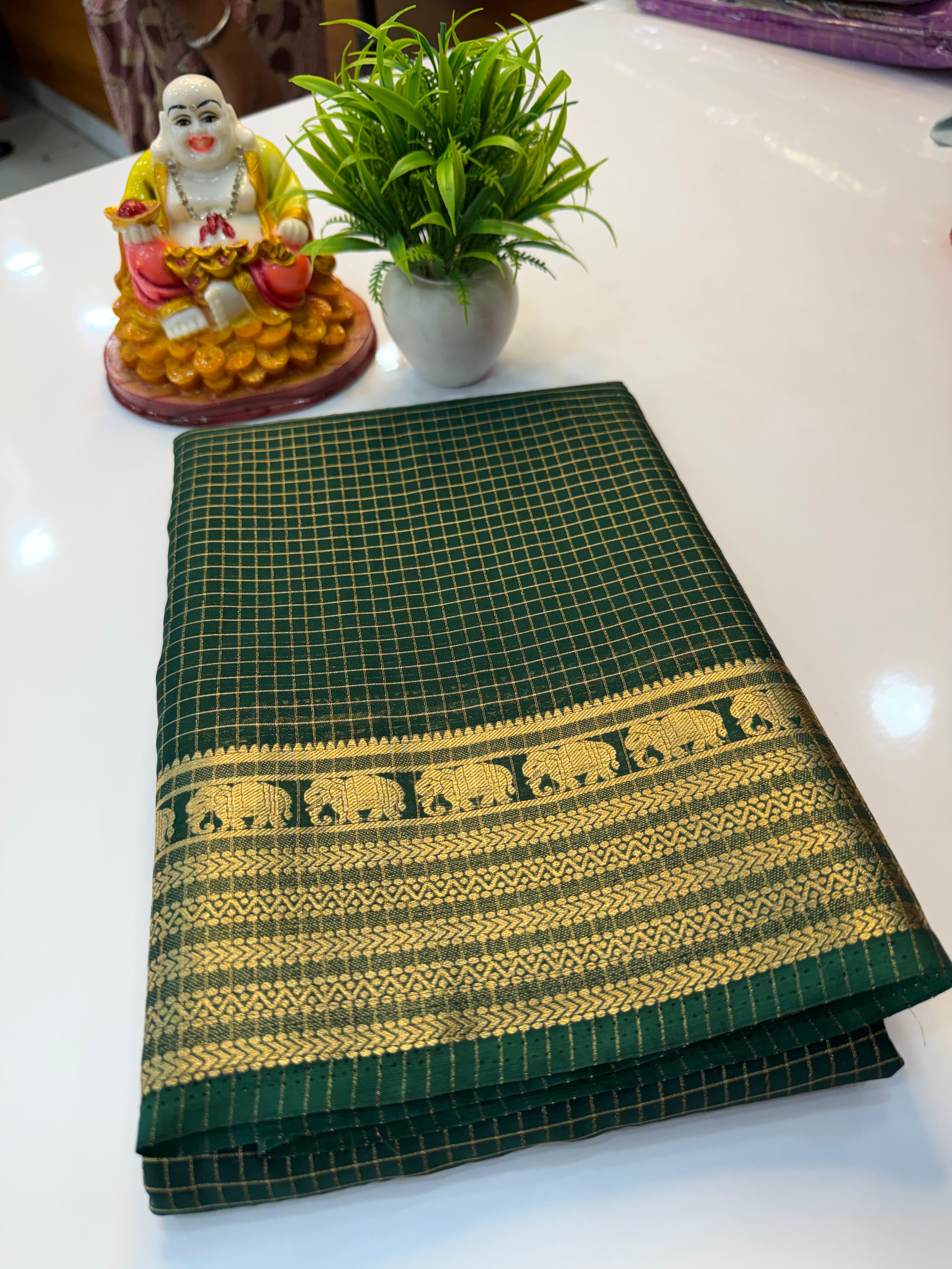 mysore crape silk saree with checks and elephant border