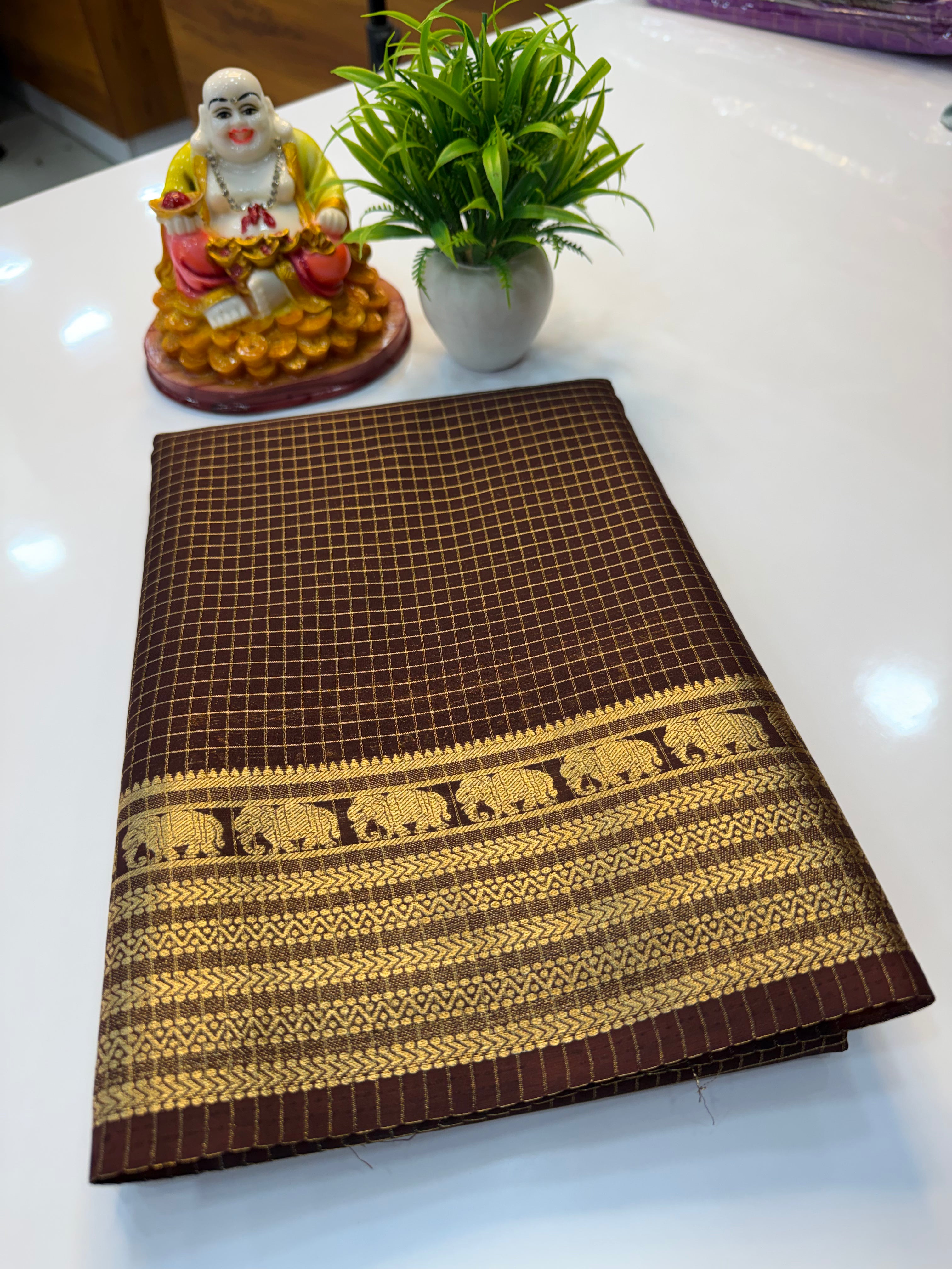 mysore crape silk saree with checks and elephant border
