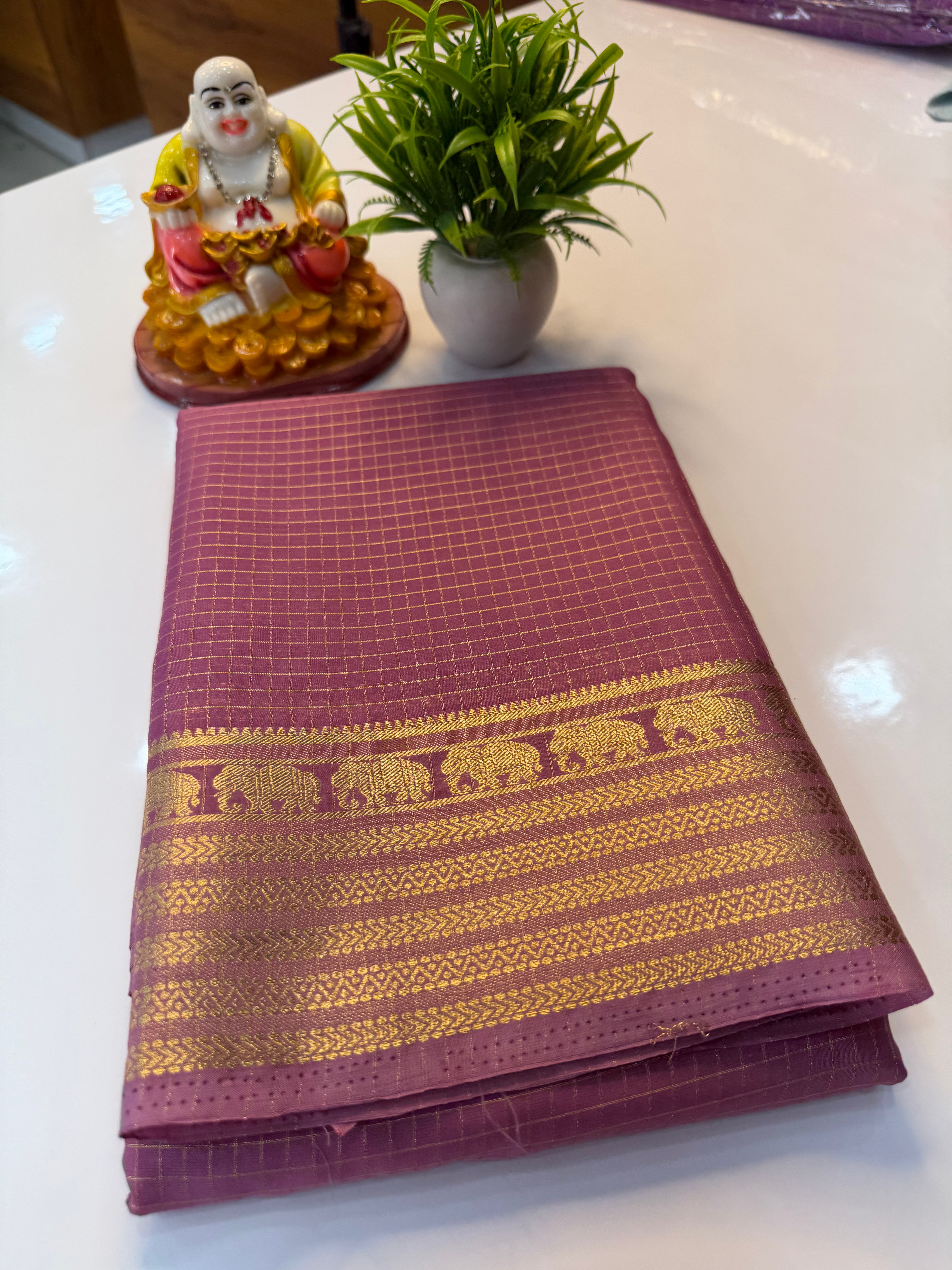 mysore crape silk saree with checks and elephant border