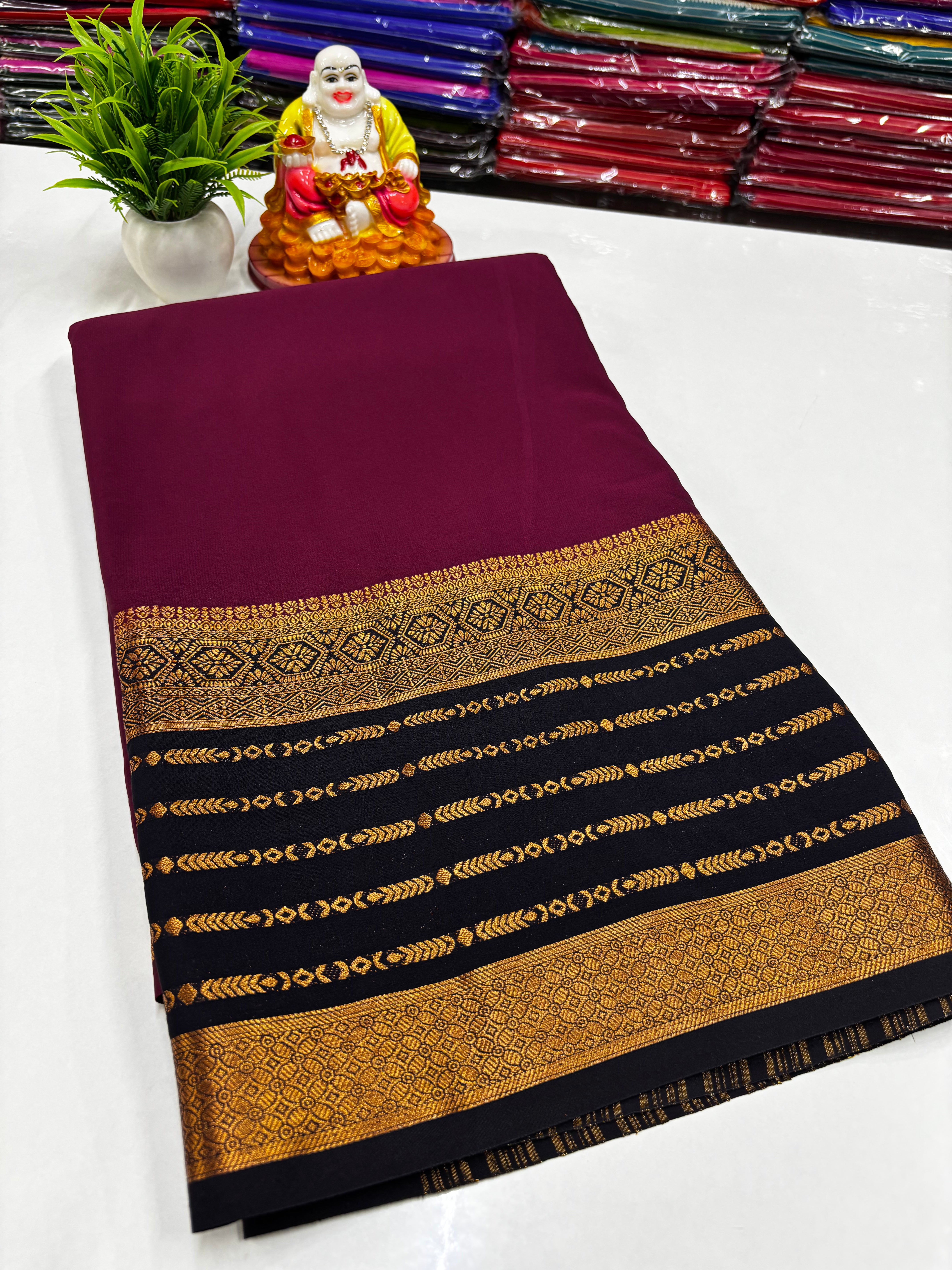 Mysore Crepe Silk Saree with Rich Contrast Pallu & Elegant Border