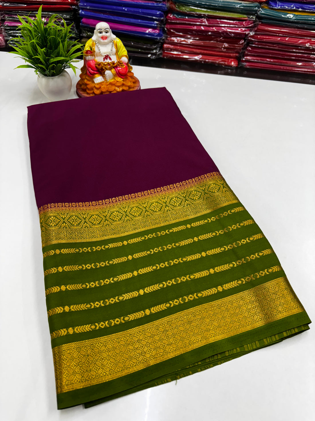Mysore Crepe Silk Saree with Rich Contrast Pallu & Elegant Border