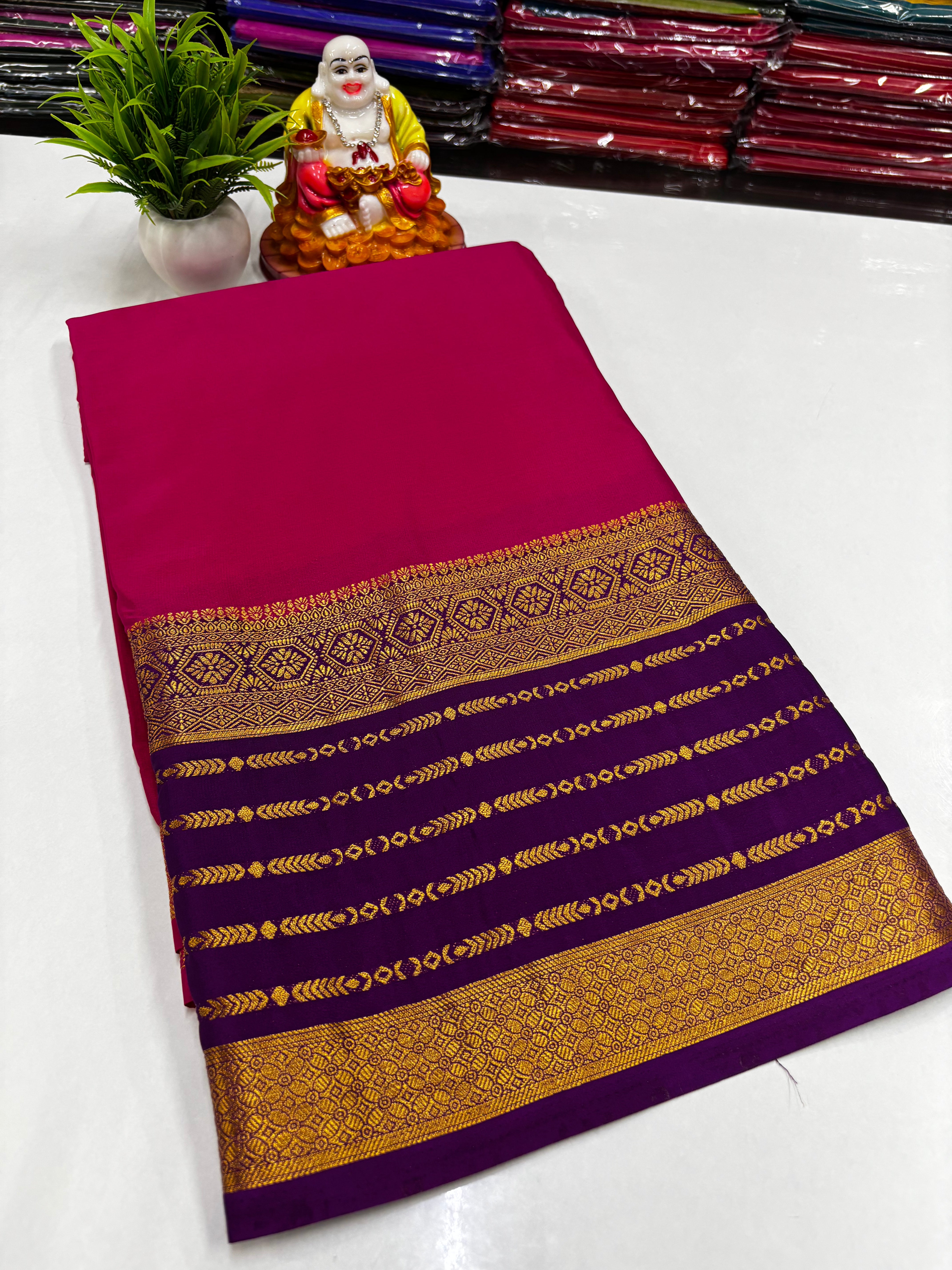 Mysore Crepe Silk Saree with Rich Contrast Pallu & Elegant Border