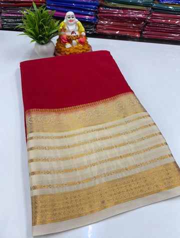 Mysore Crepe Silk Saree with Rich Contrast Pallu & Elegant Border