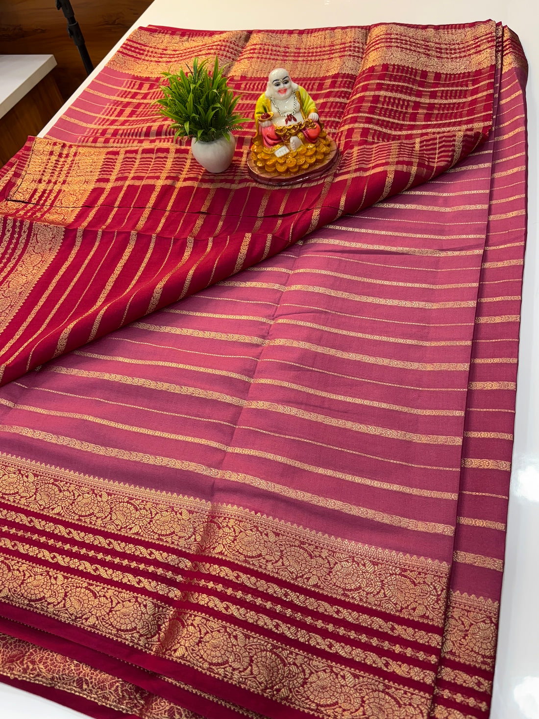 mysore crape silk saree with stripes with contrast pallu and blouse