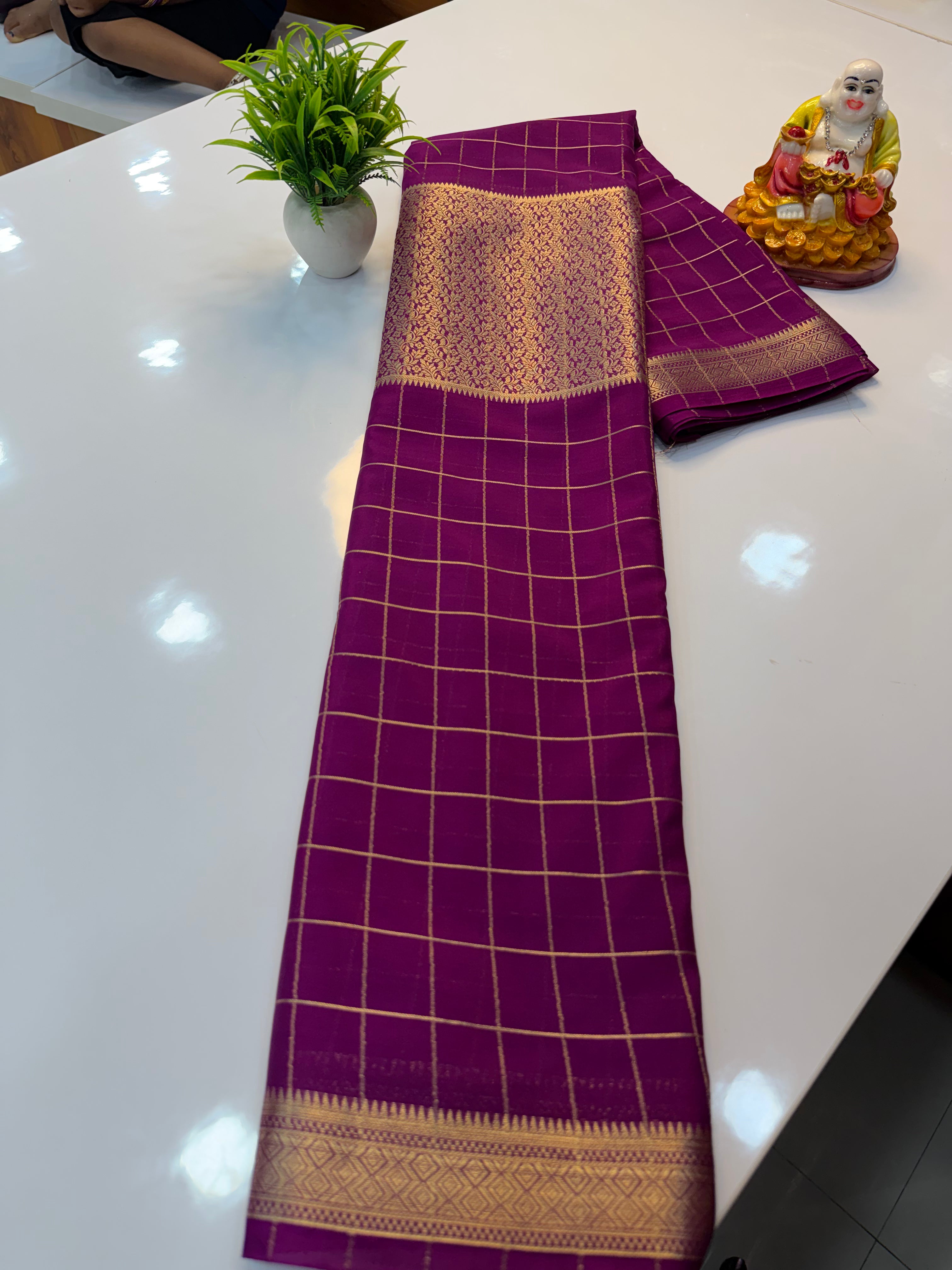 Premium Chiffon Saree with Checks & Center Brocade Design | Rich Elegant Drape | Padmavathi Silks and Sarees