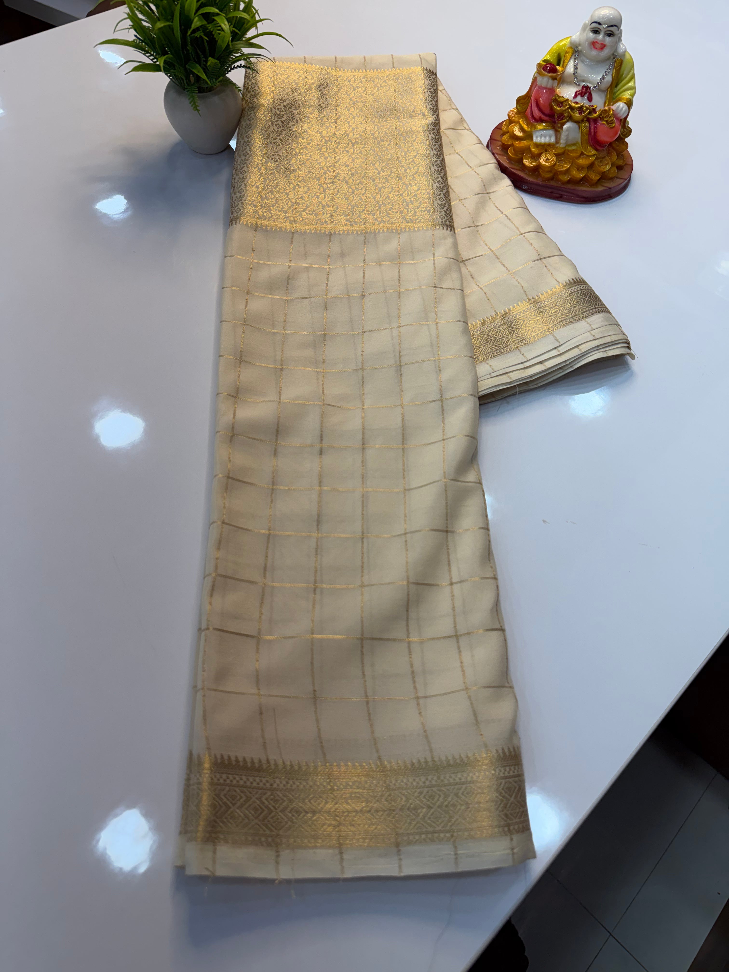 Premium Chiffon Saree with Checks & Center Brocade Design | Rich Elegant Drape | Padmavathi Silks and Sarees