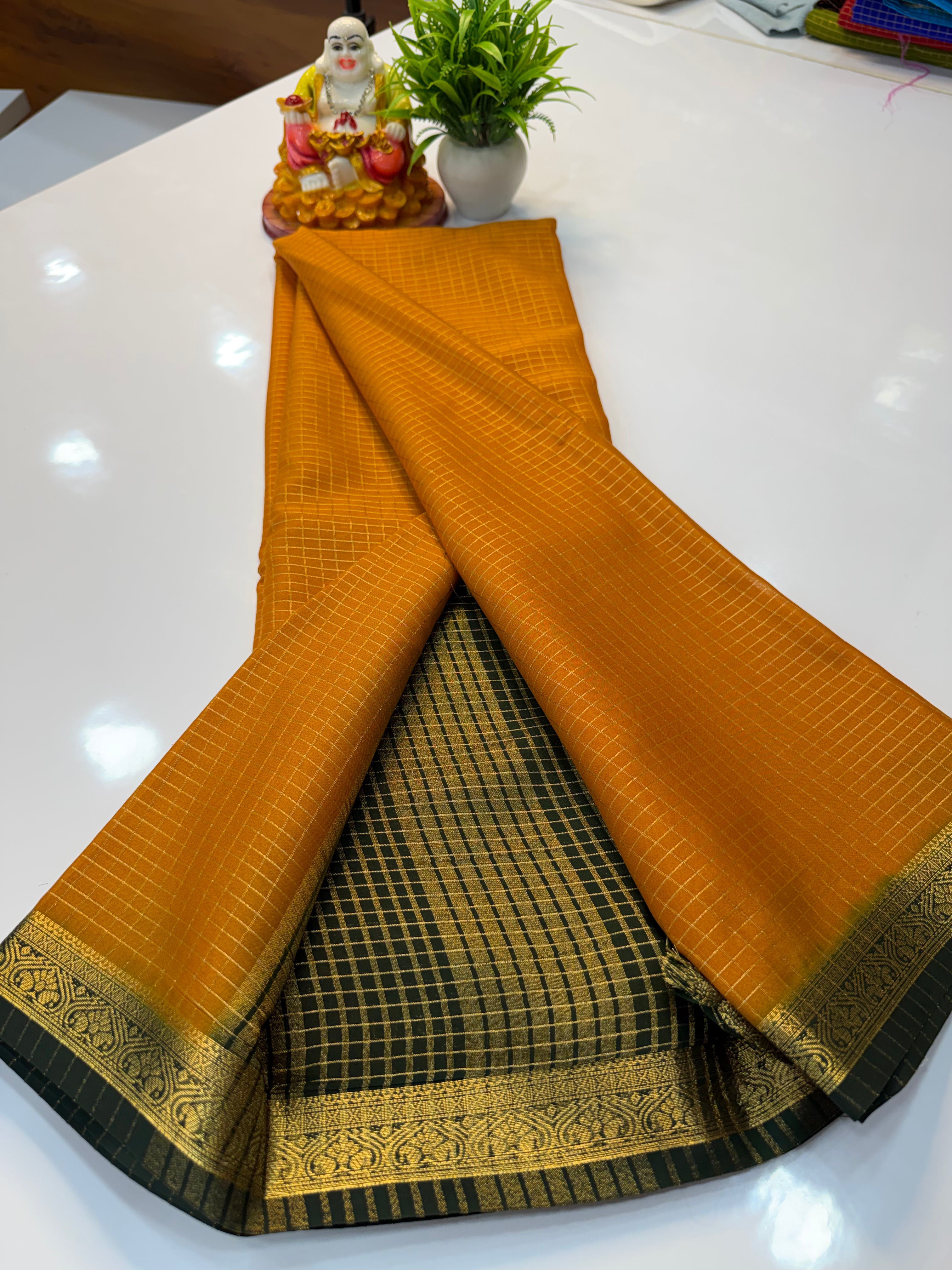 Mysore Crepe Silk Saree with Checks & Beautiful Contrast Border | Padmavathi Silks and Sarees