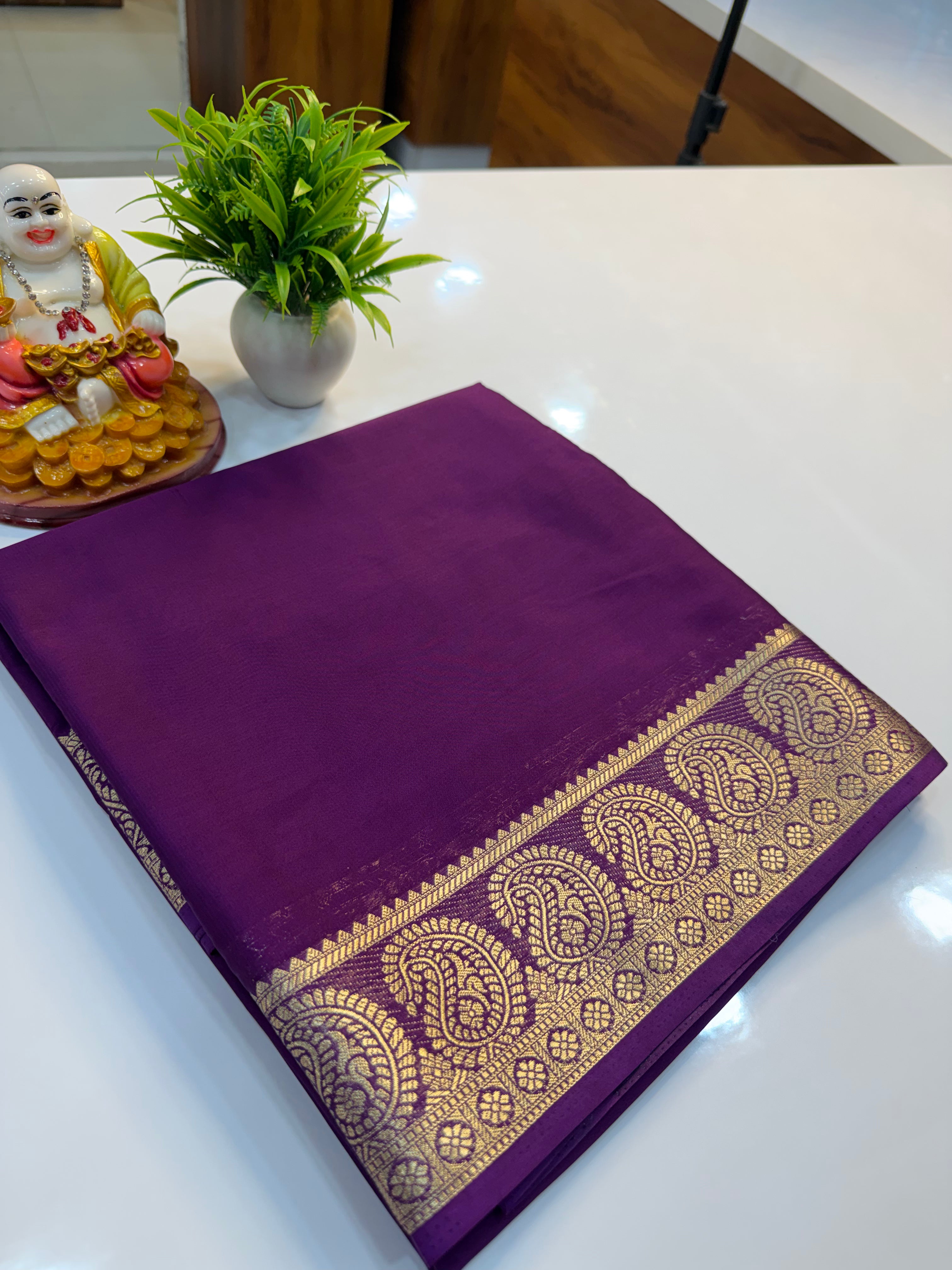Premium Mysore Crepe Silk Saree with Beautiful Mango Border & Chit Pallu | Padmavathi Silks and Sarees