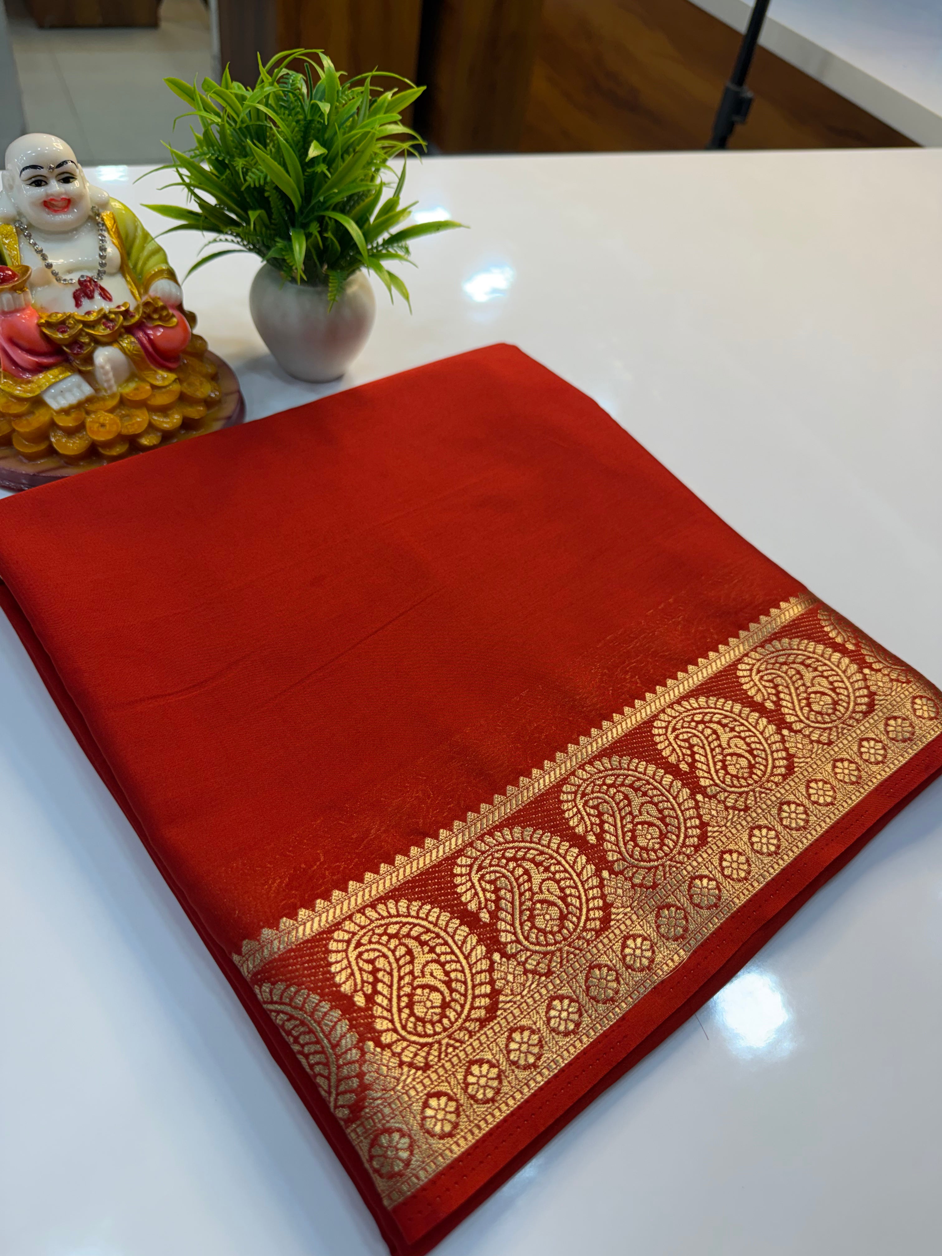 Premium Mysore Crepe Silk Saree with Beautiful Mango Border & Chit Pallu | Padmavathi Silks and Sarees