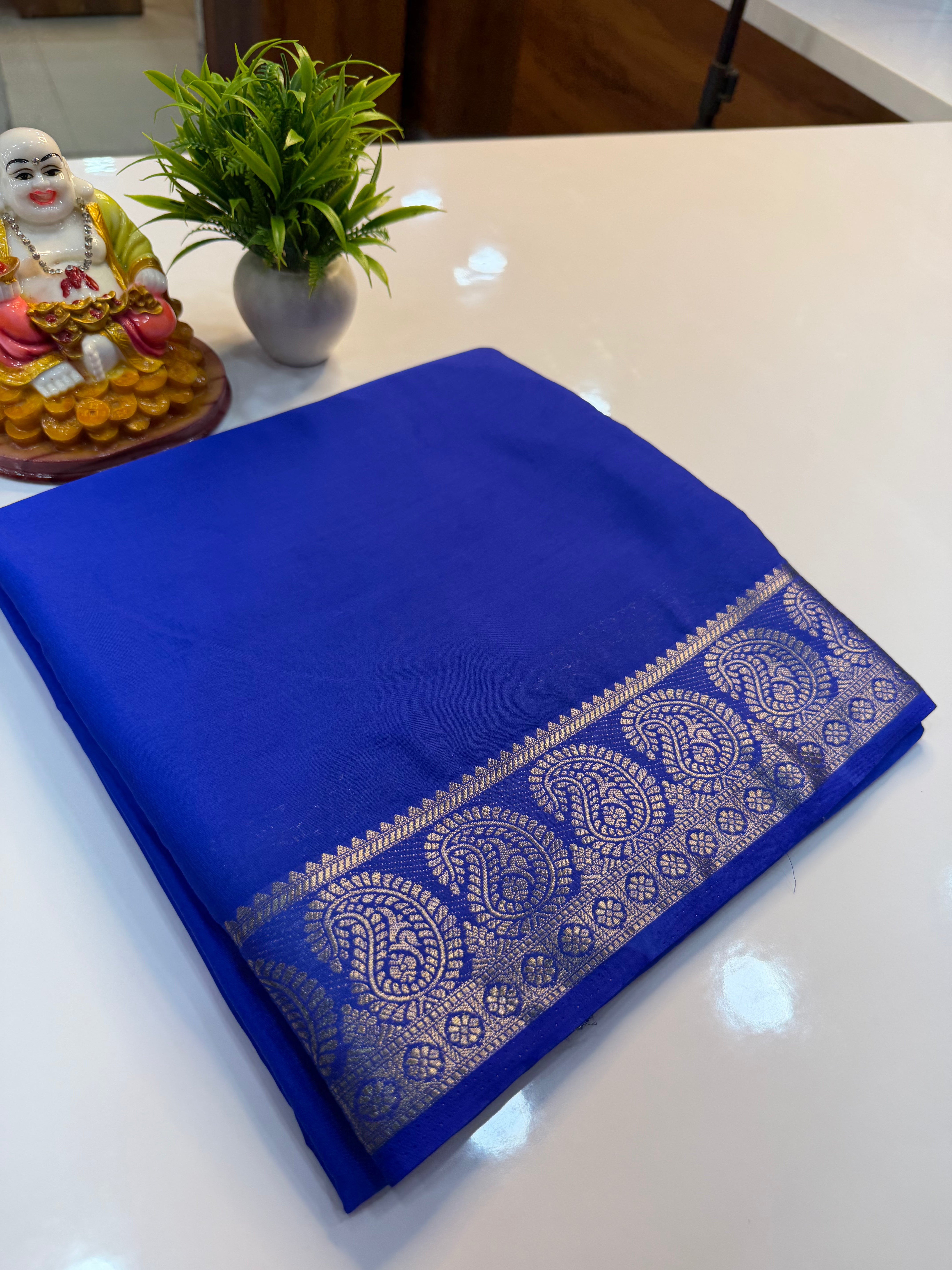 Premium Mysore Crepe Silk Saree with Beautiful Mango Border & Chit Pallu | Padmavathi Silks and Sarees
