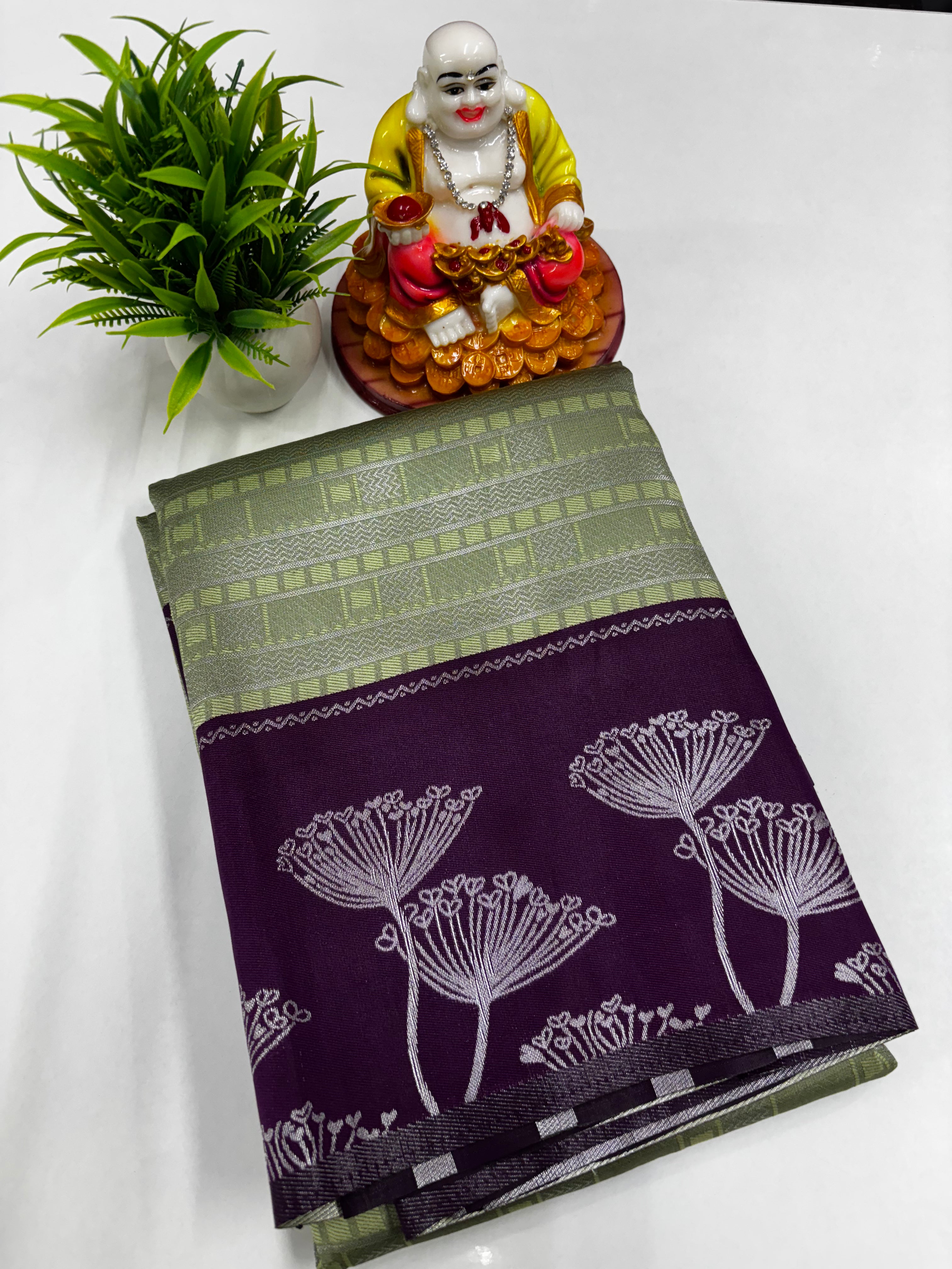 Semi Silk Saree with Beautiful Floral Design &amp; Silver Zari Weaving