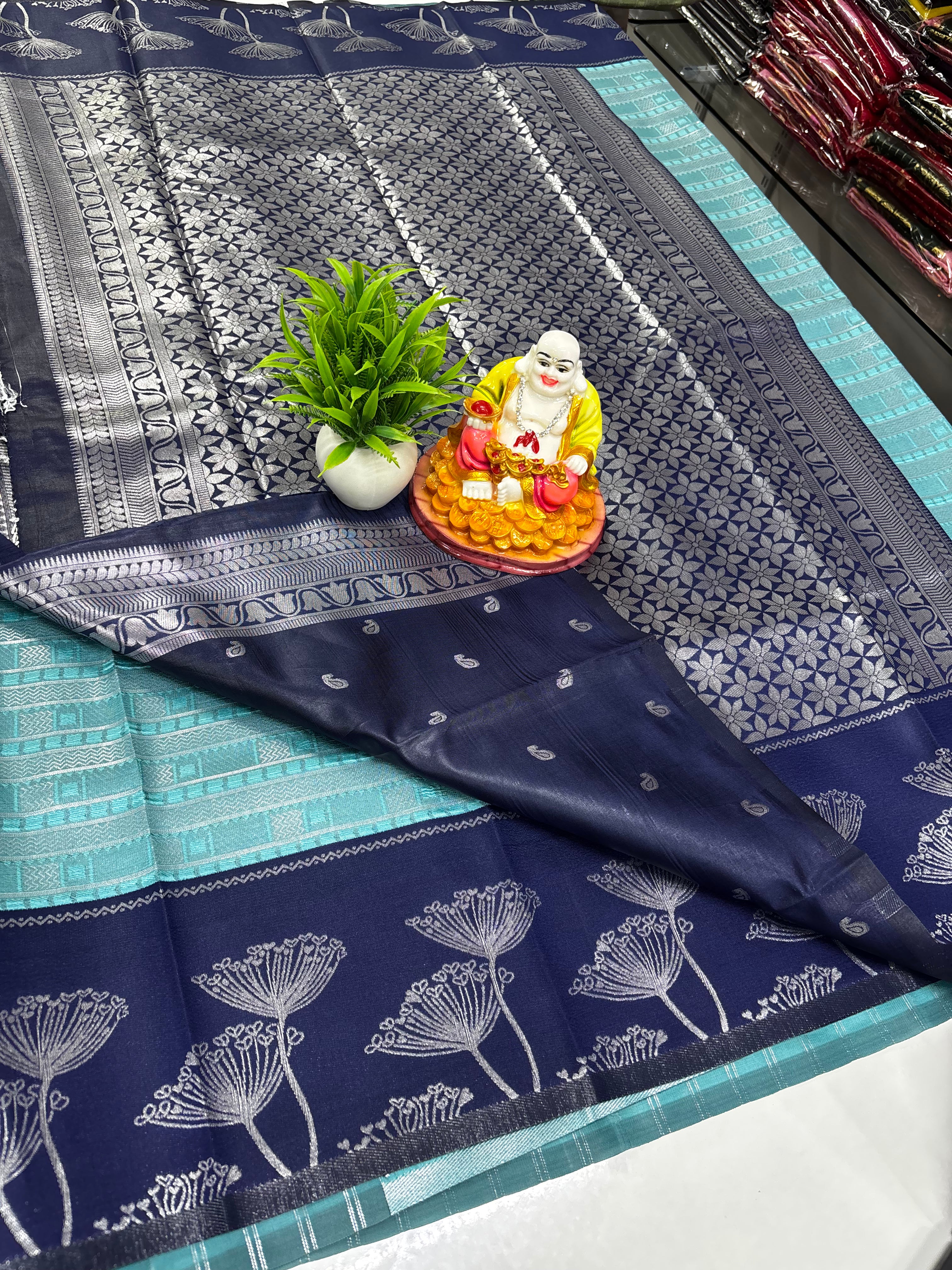 Semi Silk Saree with Beautiful Floral Design &amp; Silver Zari Weaving