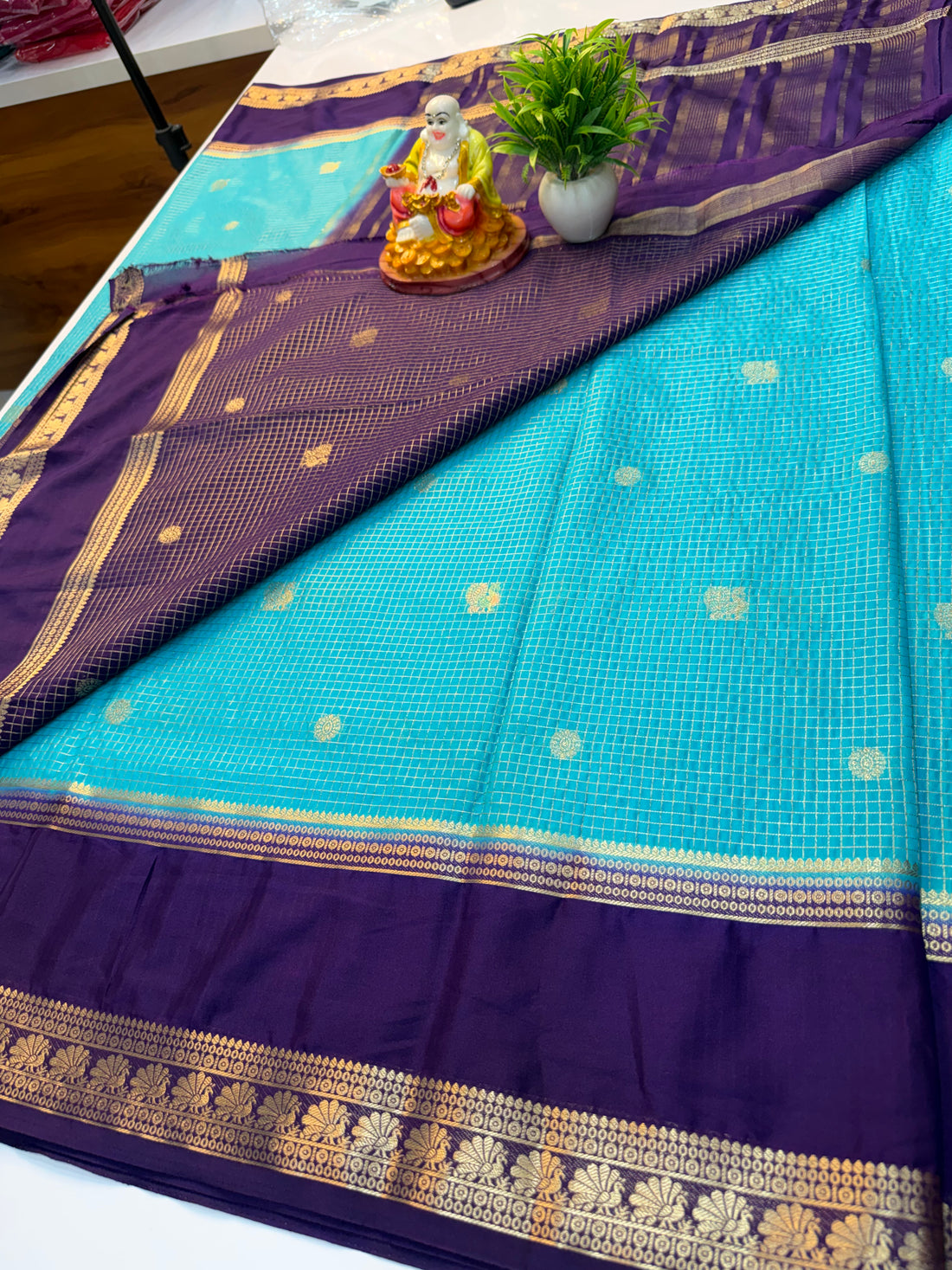 Premium Mysore Crepe Silk Saree with Checks & Peacock Design | Contrast Pallu & Blouse