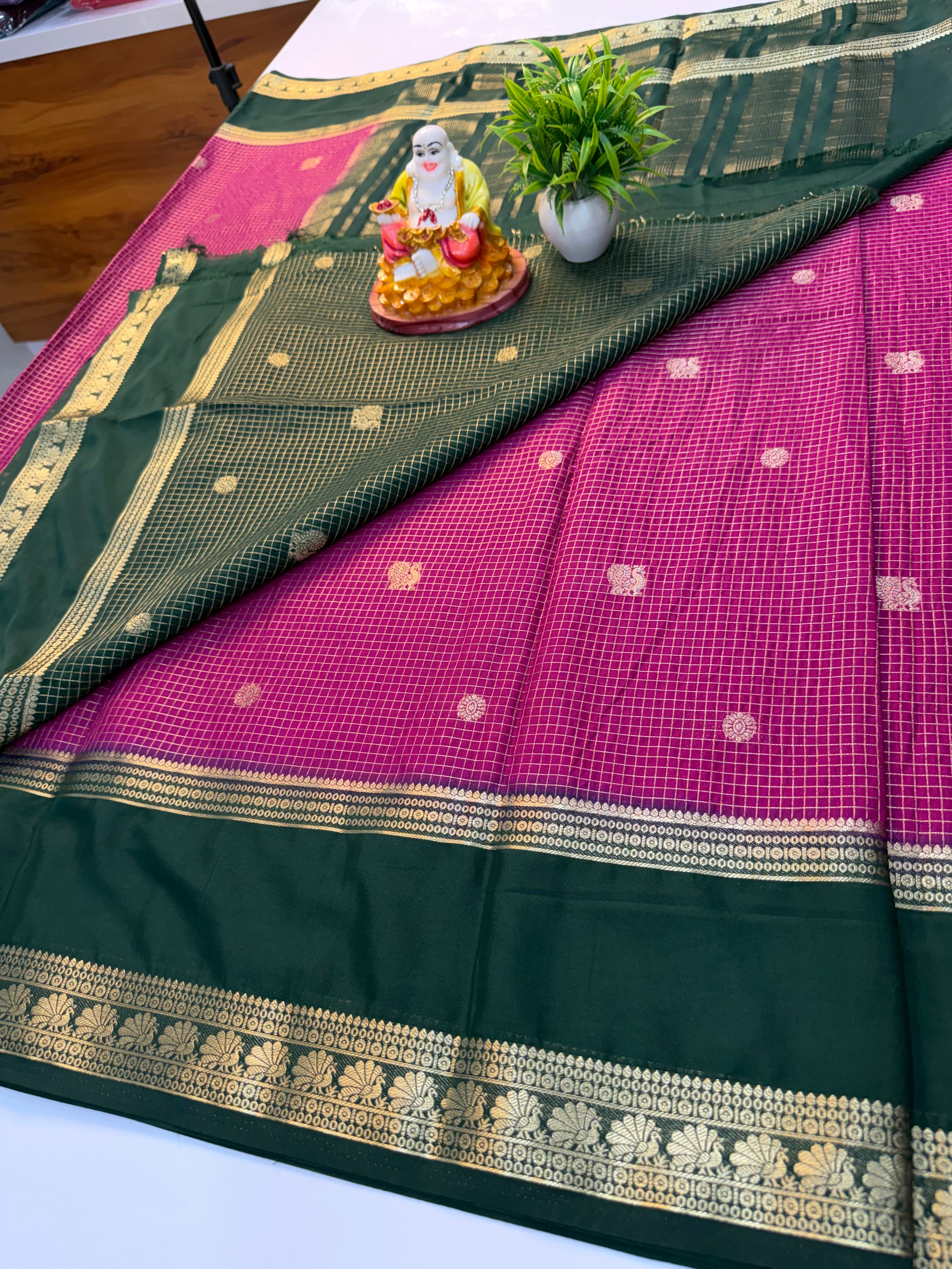 Premium Mysore Crepe Silk Saree with Checks & Peacock Design | Contrast Pallu & Blouse