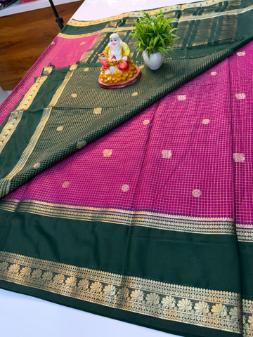 Premium Mysore Crepe Silk Saree with Checks & Peacock Design | Contrast Pallu & Blouse