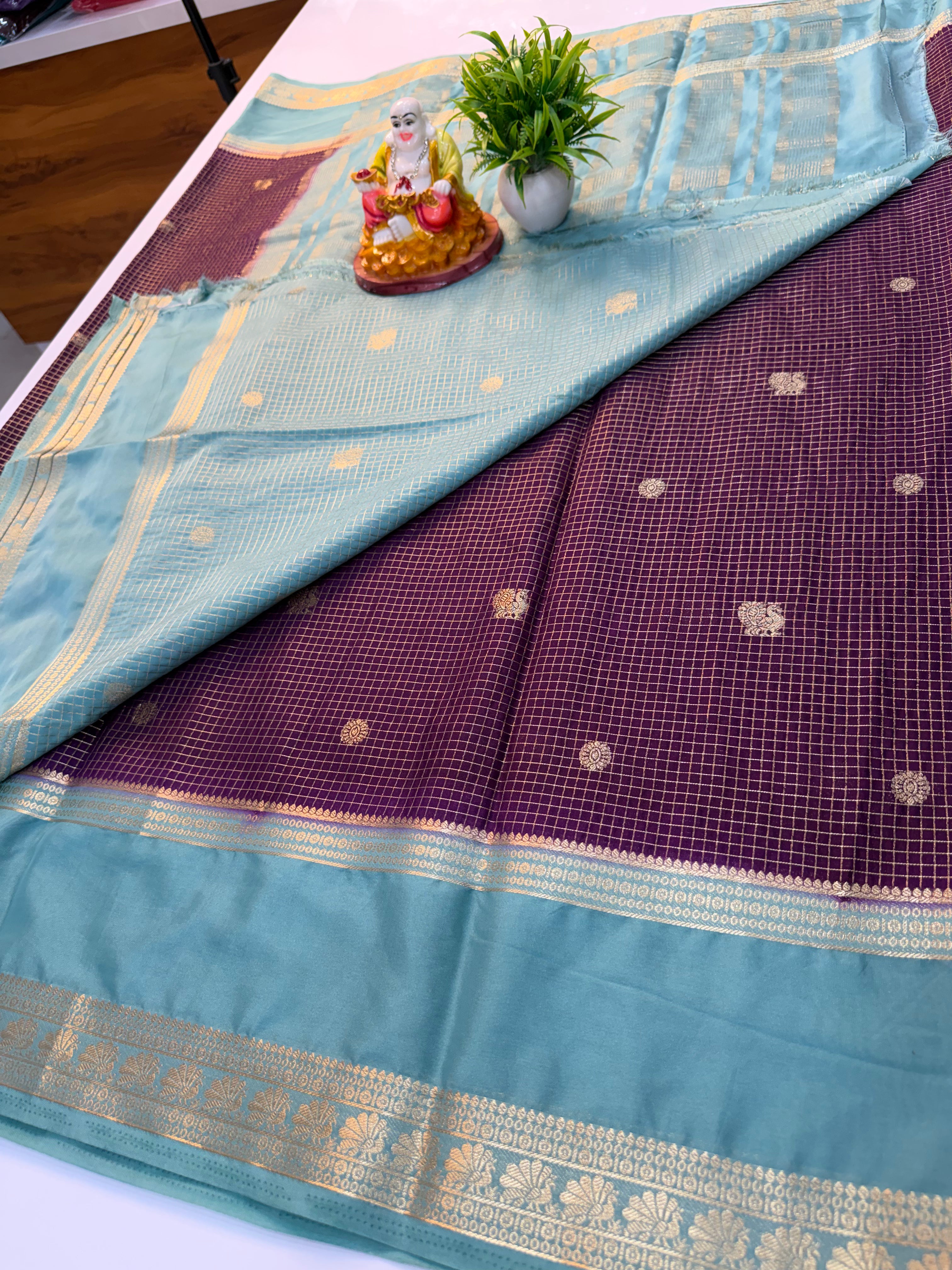 Premium Mysore Crepe Silk Saree with Checks & Peacock Design | Contrast Pallu & Blouse