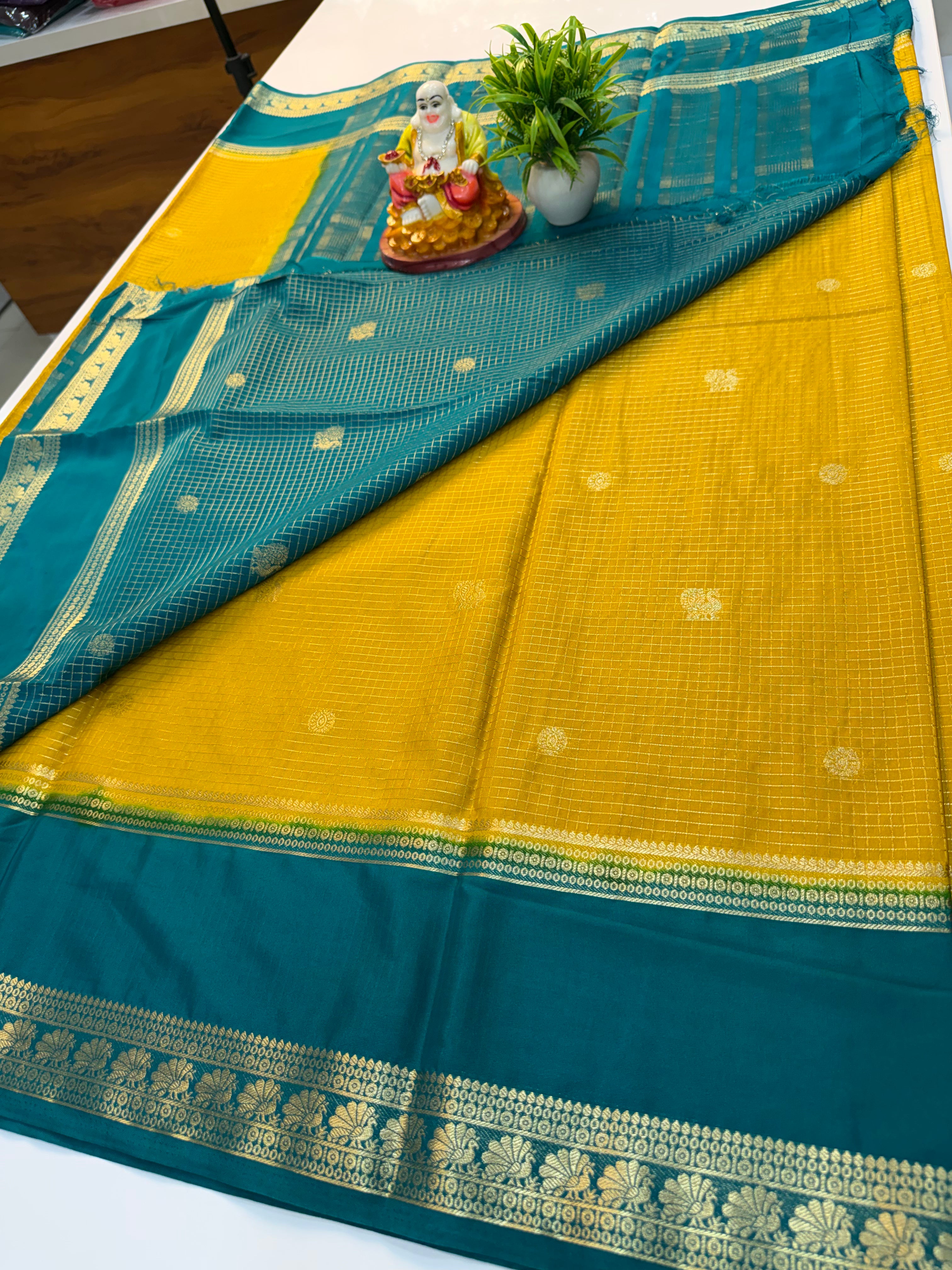 Premium Mysore Crepe Silk Saree with Checks & Peacock Design | Contrast Pallu & Blouse