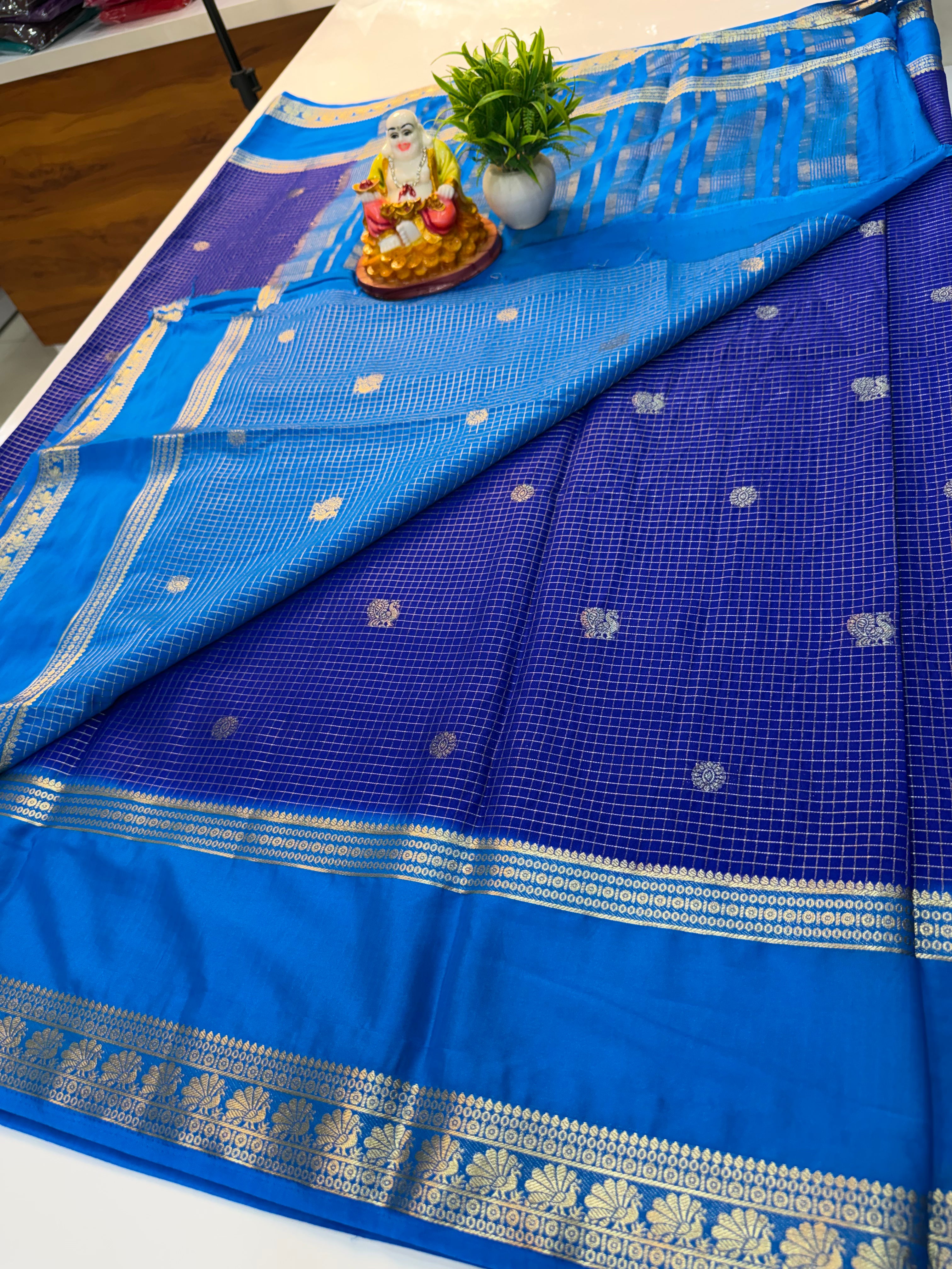 Premium Mysore Crepe Silk Saree with Checks & Peacock Design | Contrast Pallu & Blouse