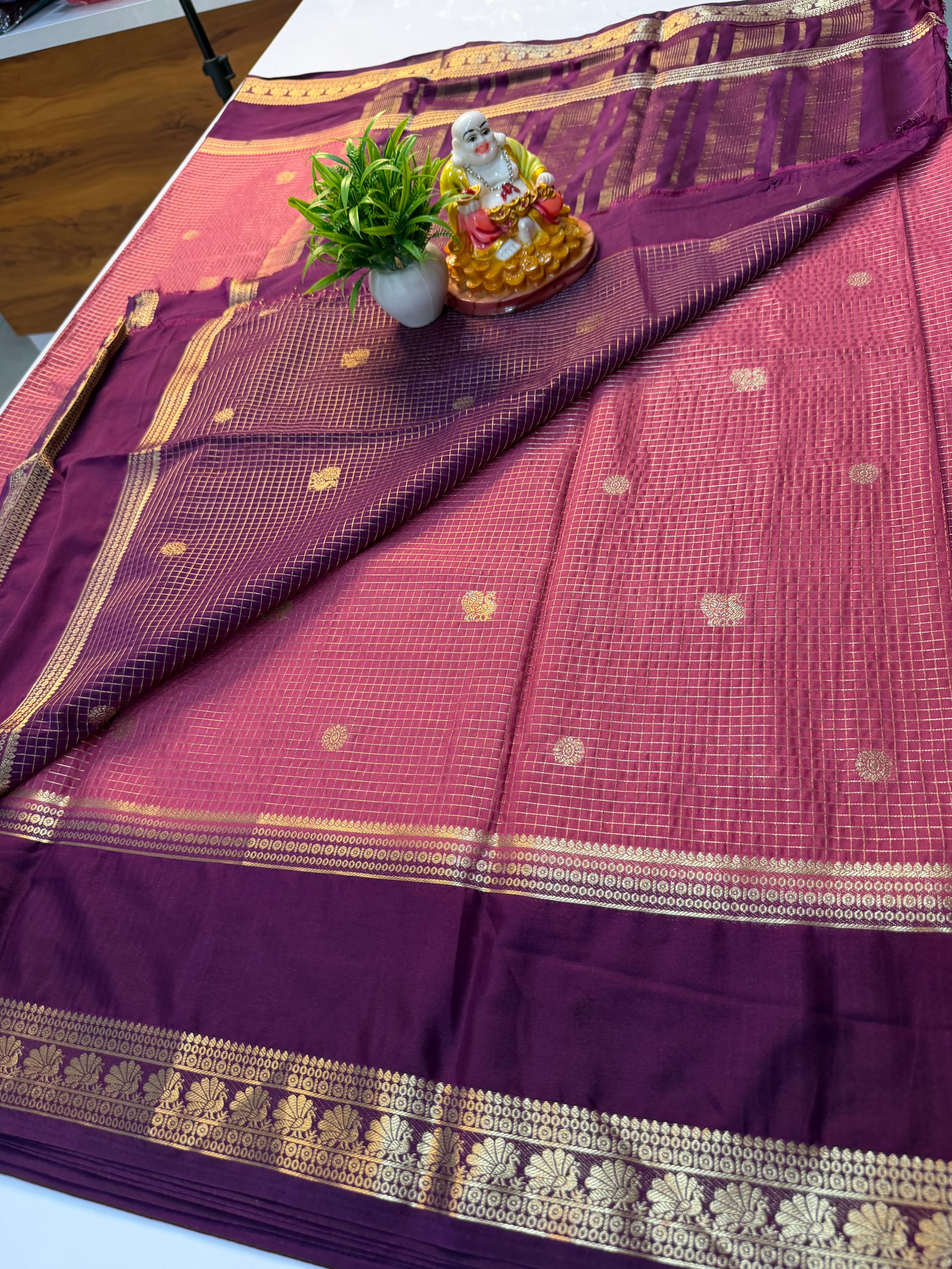 Premium Mysore Crepe Silk Saree with Checks & Peacock Design | Contrast Pallu & Blouse