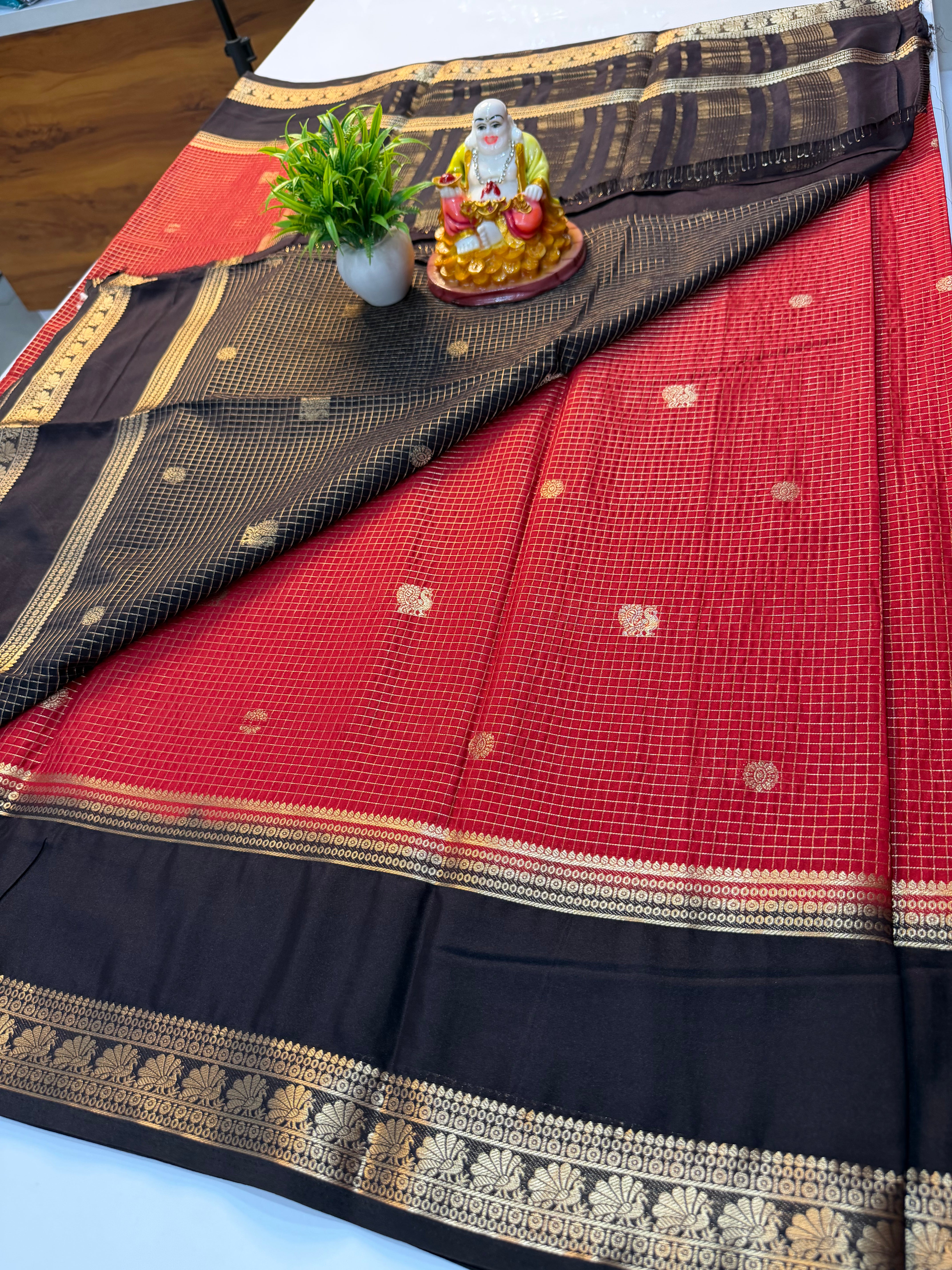 Premium Mysore Crepe Silk Saree with Checks & Peacock Design | Contrast Pallu & Blouse