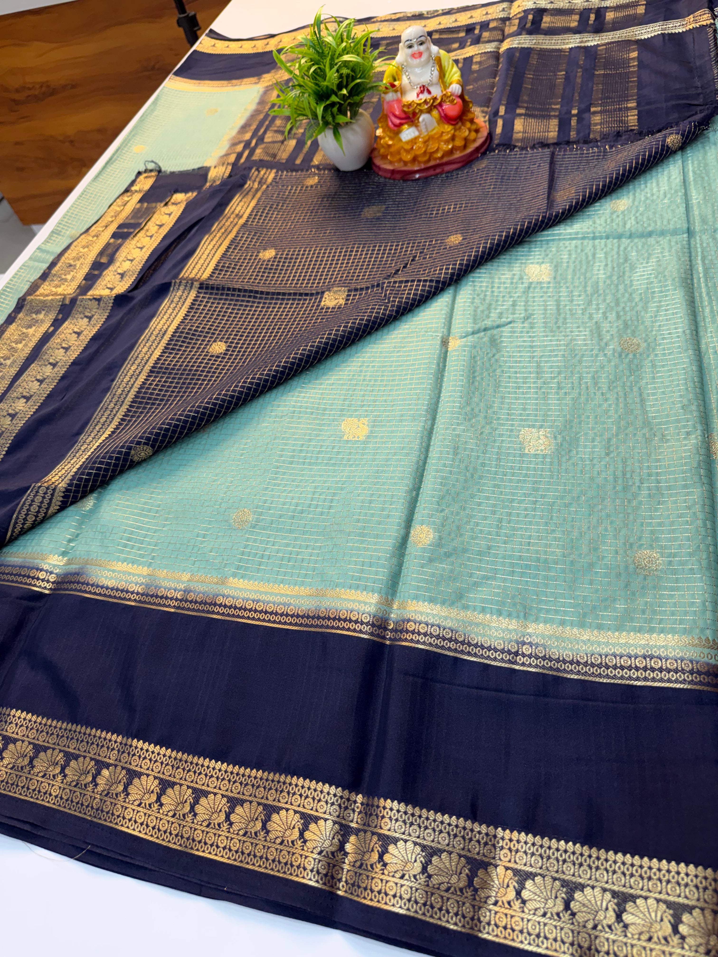 Premium Mysore Crepe Silk Saree with Checks & Peacock Design | Contrast Pallu & Blouse