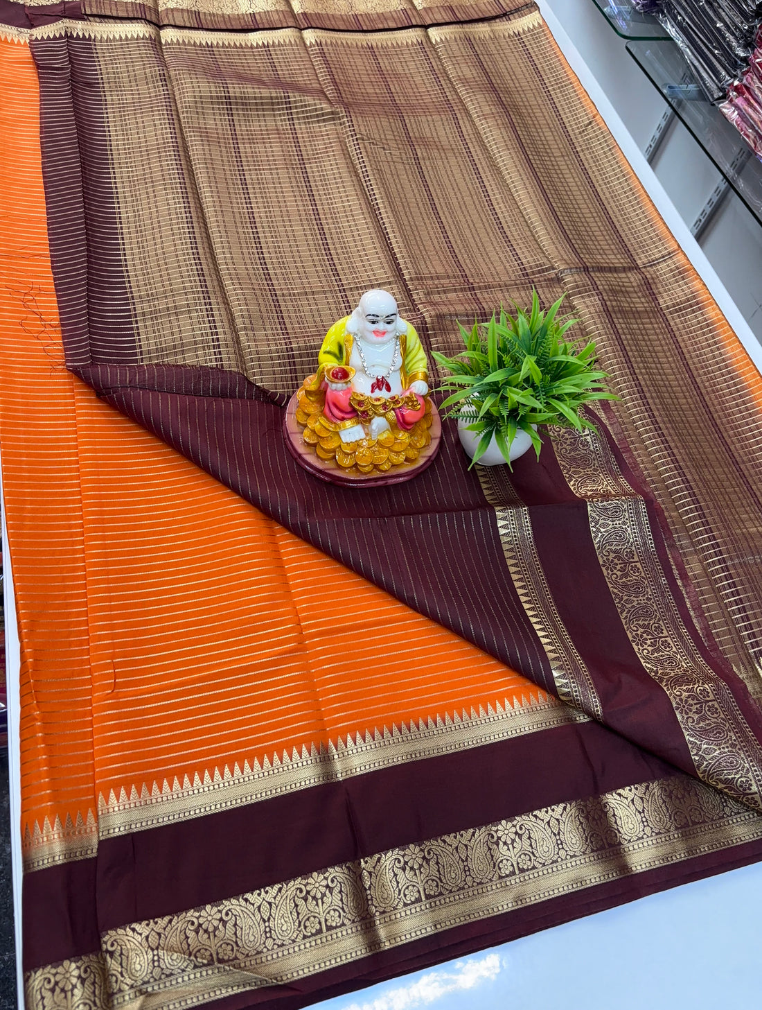 Mysore Crepe Silk Saree with Bentex Border – Orange & Brown Combination