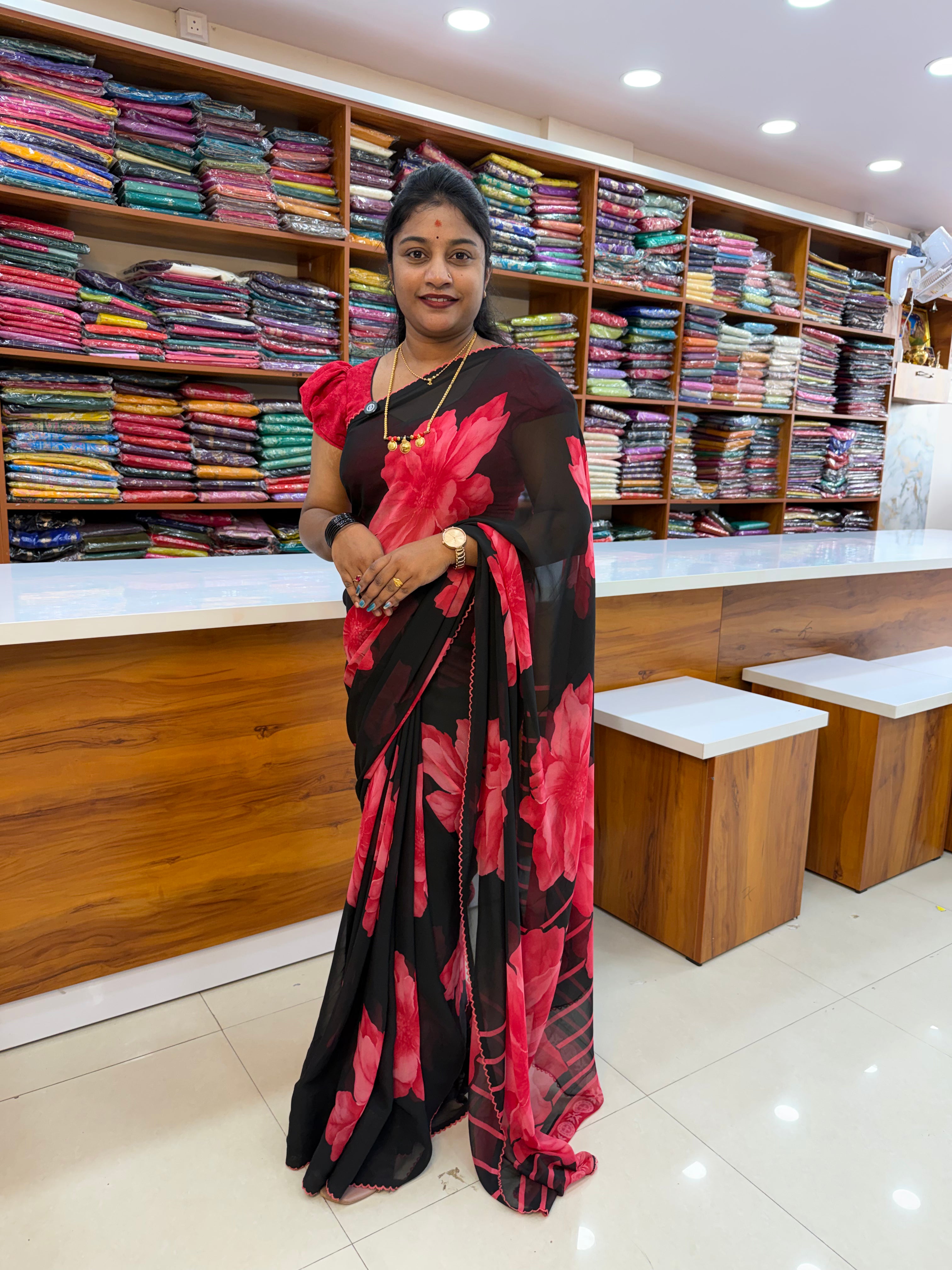 Beautiful Georgette Saree with Floral Design & Contrast Blouse | Padmavathi Silks and Sarees