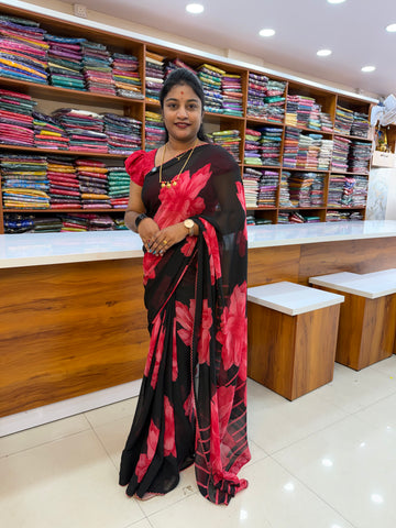 Beautiful Georgette Saree with Floral Design & Contrast Blouse | Padmavathi Silks and Sarees