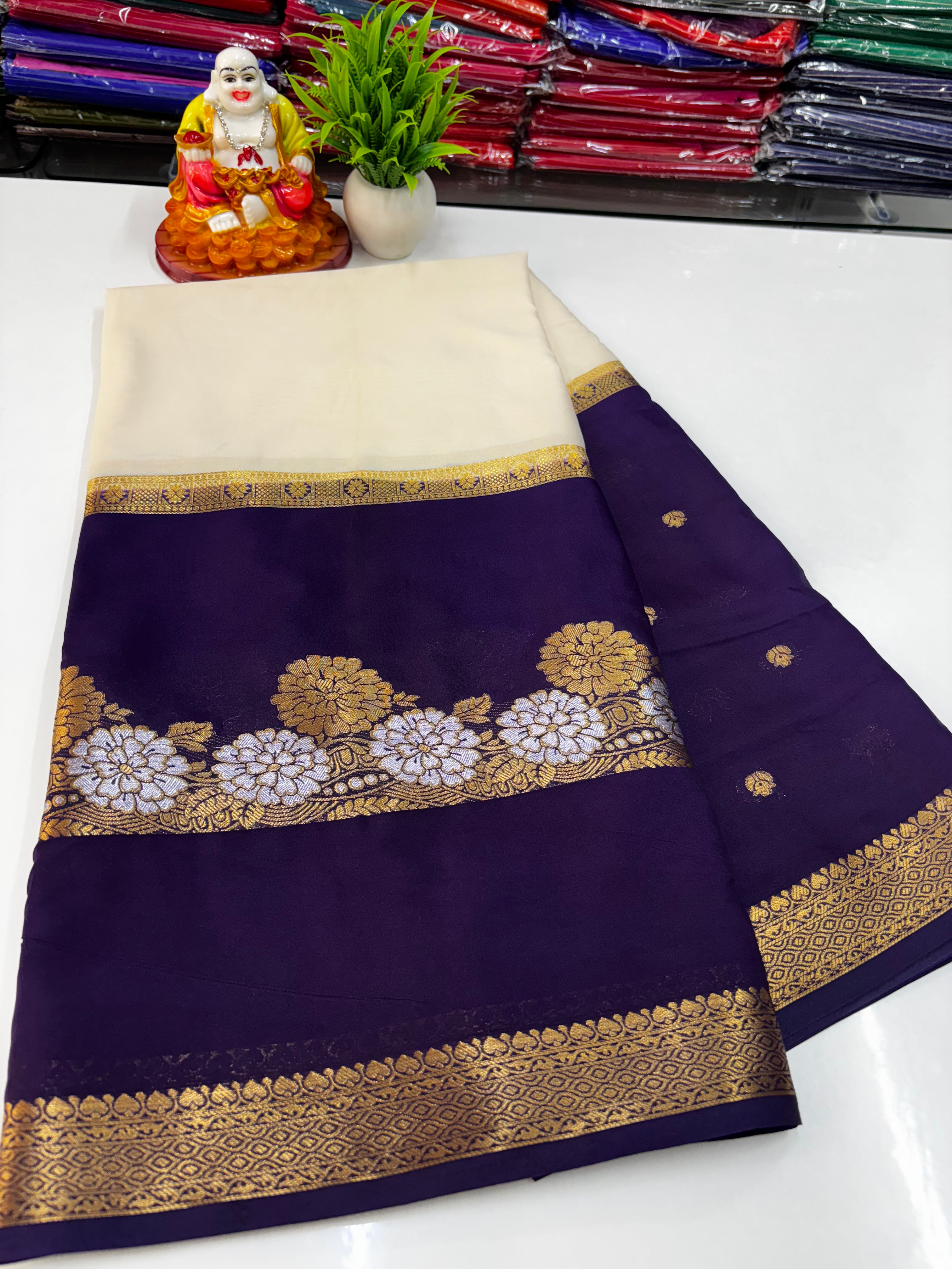 Mysore Crepe Silk Saree with Floral Design & Buttas