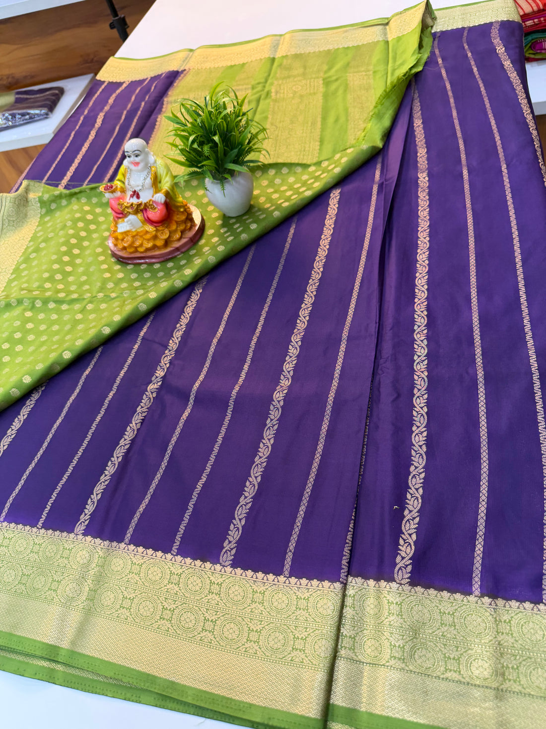 Premium Mysore Crepe Silk Saree with Elegant Stripes & Rich Pallu | Padmavathi Silks and Sarees