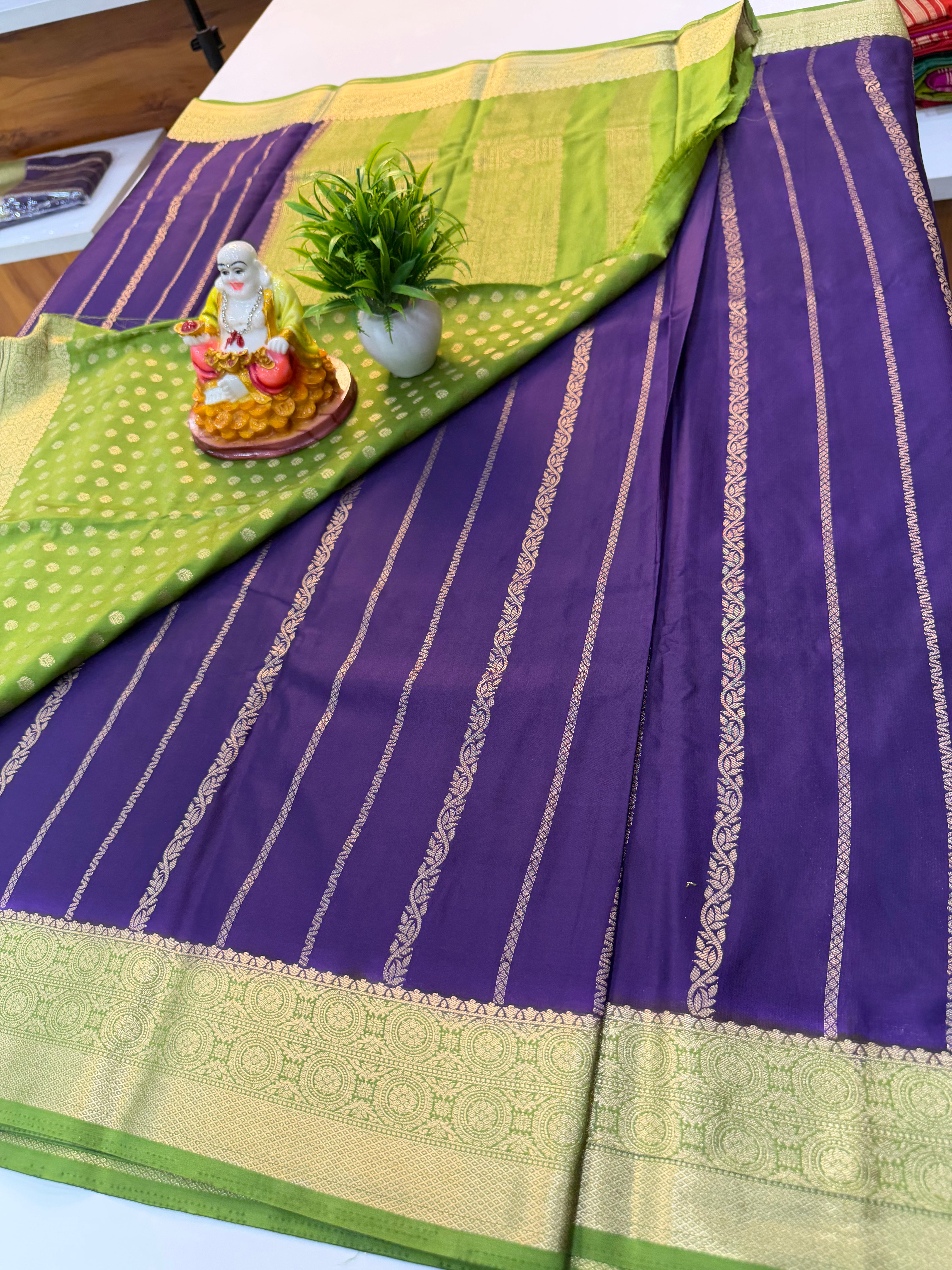 Premium Mysore Crepe Silk Saree with Elegant Stripes & Rich Pallu | Padmavathi Silks and Sarees