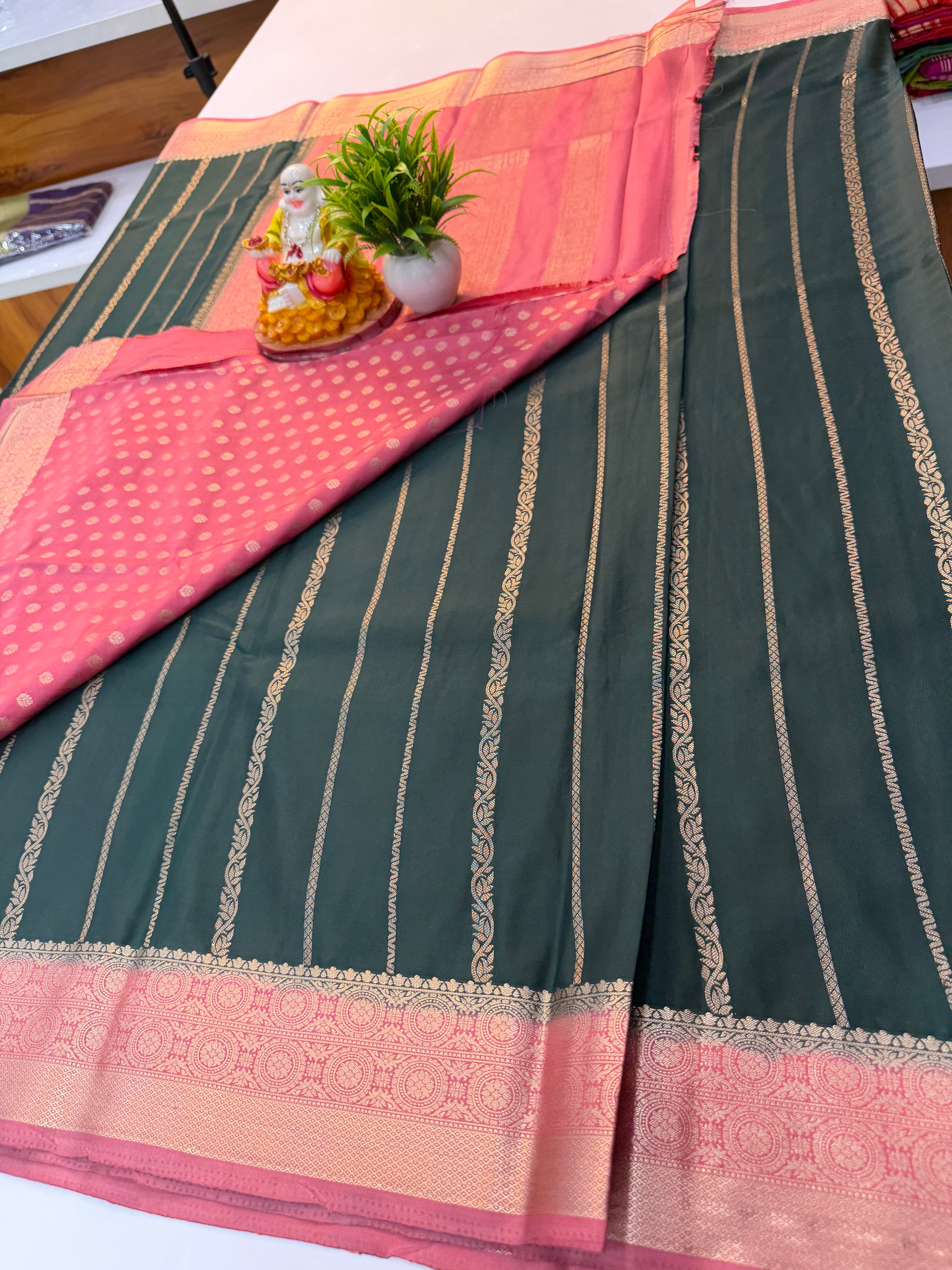 Premium Mysore Crepe Silk Saree with Elegant Stripes & Rich Pallu | Padmavathi Silks and Sarees